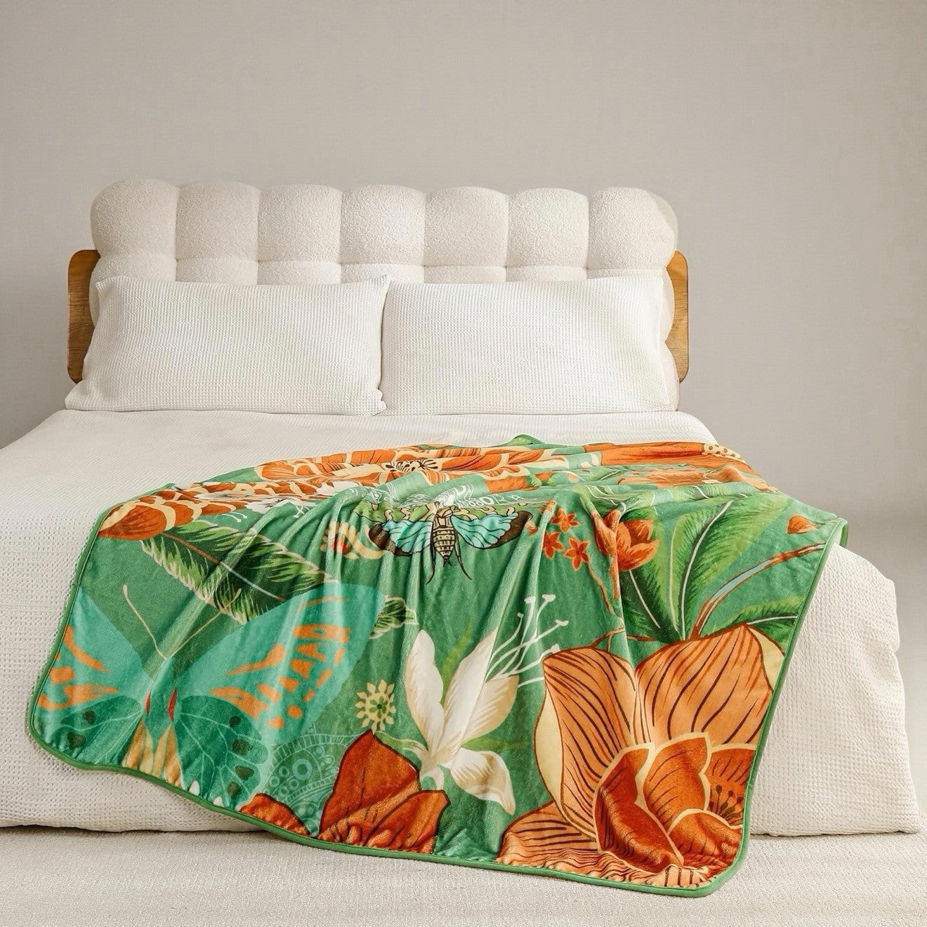 NEW Anthropologie XL Queen Size Boho Green Floral Fleece Blanket Bedspread 90x90