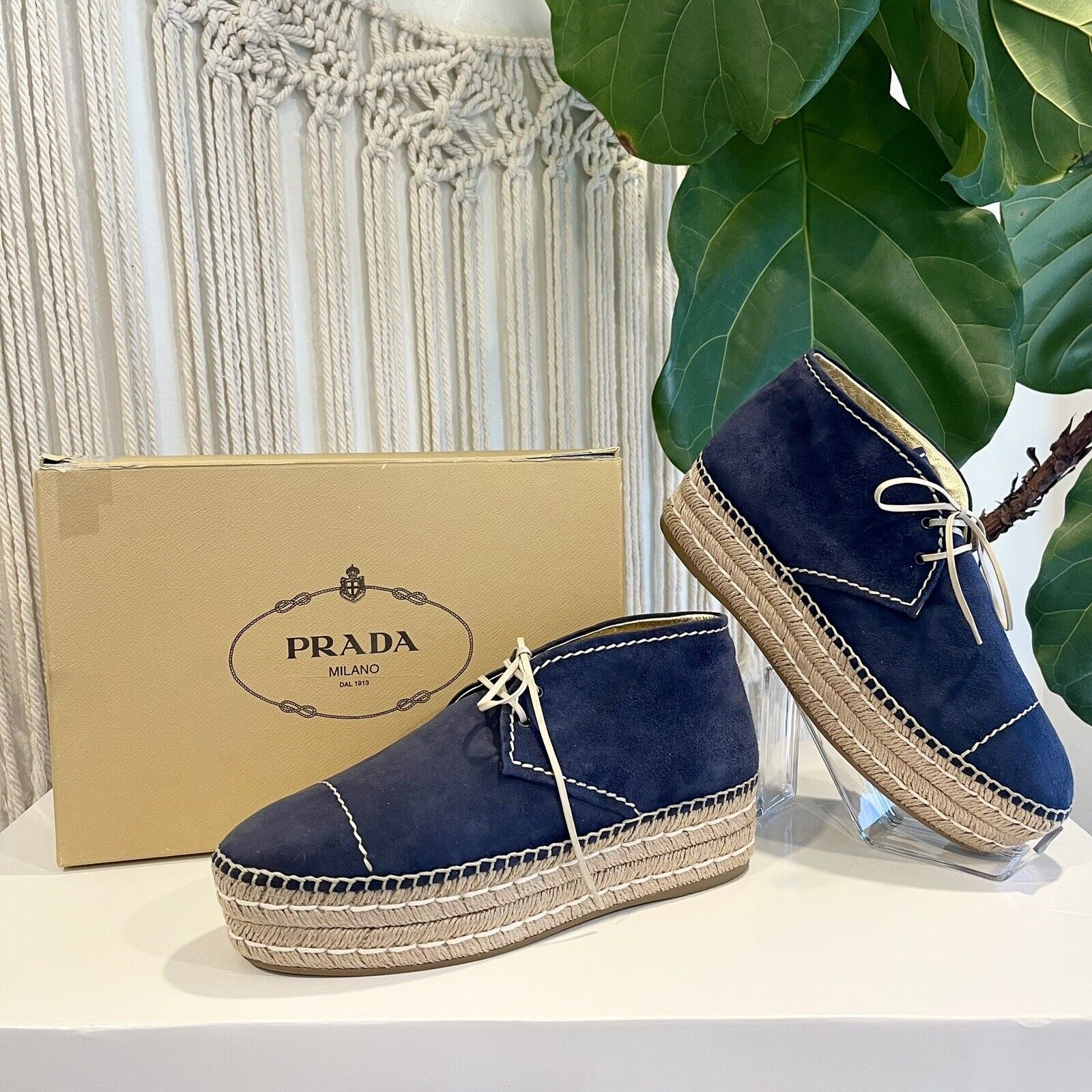 NEW Prada Blue Suede Rafia Espadrille Platform Flats Sneaker Shoe Boots - 40 / 9