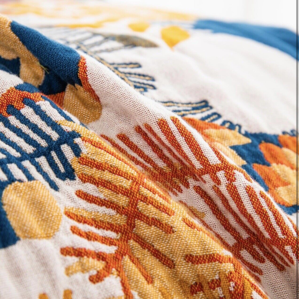 NEW Anthropologie Boho Bird Orange Blue Throw Blanket Bedspread Quilt 80" x 90"