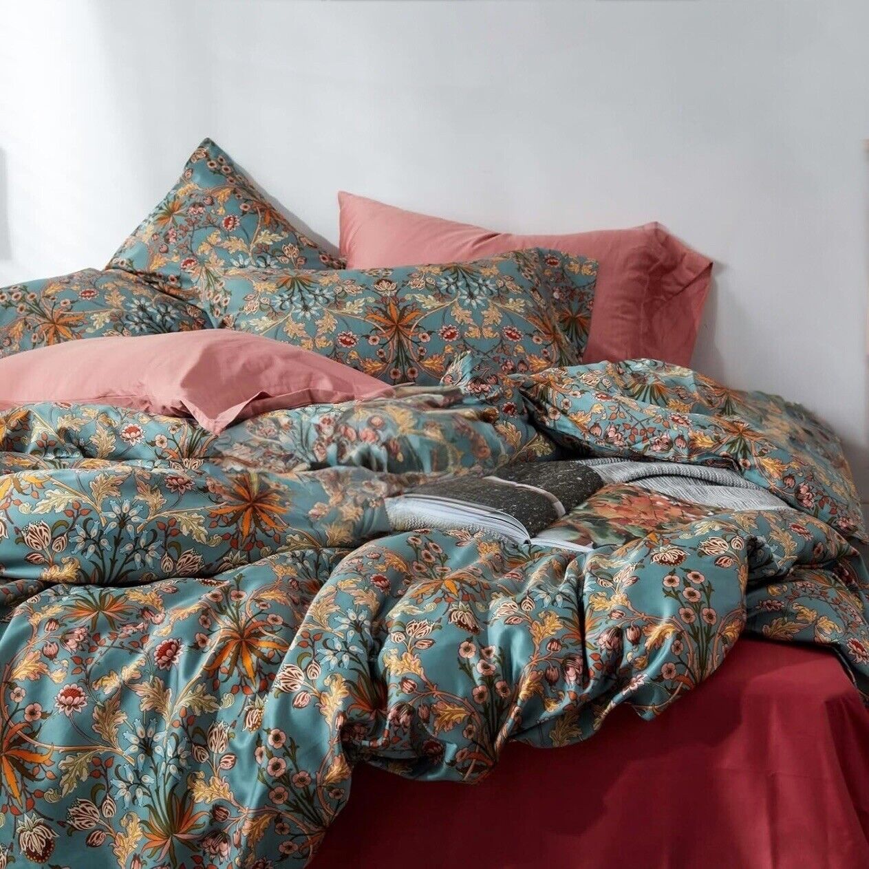 NEW Anthropologie Blue Orange Boho Queen Size Bedding Duvet Floral Sham Case Set