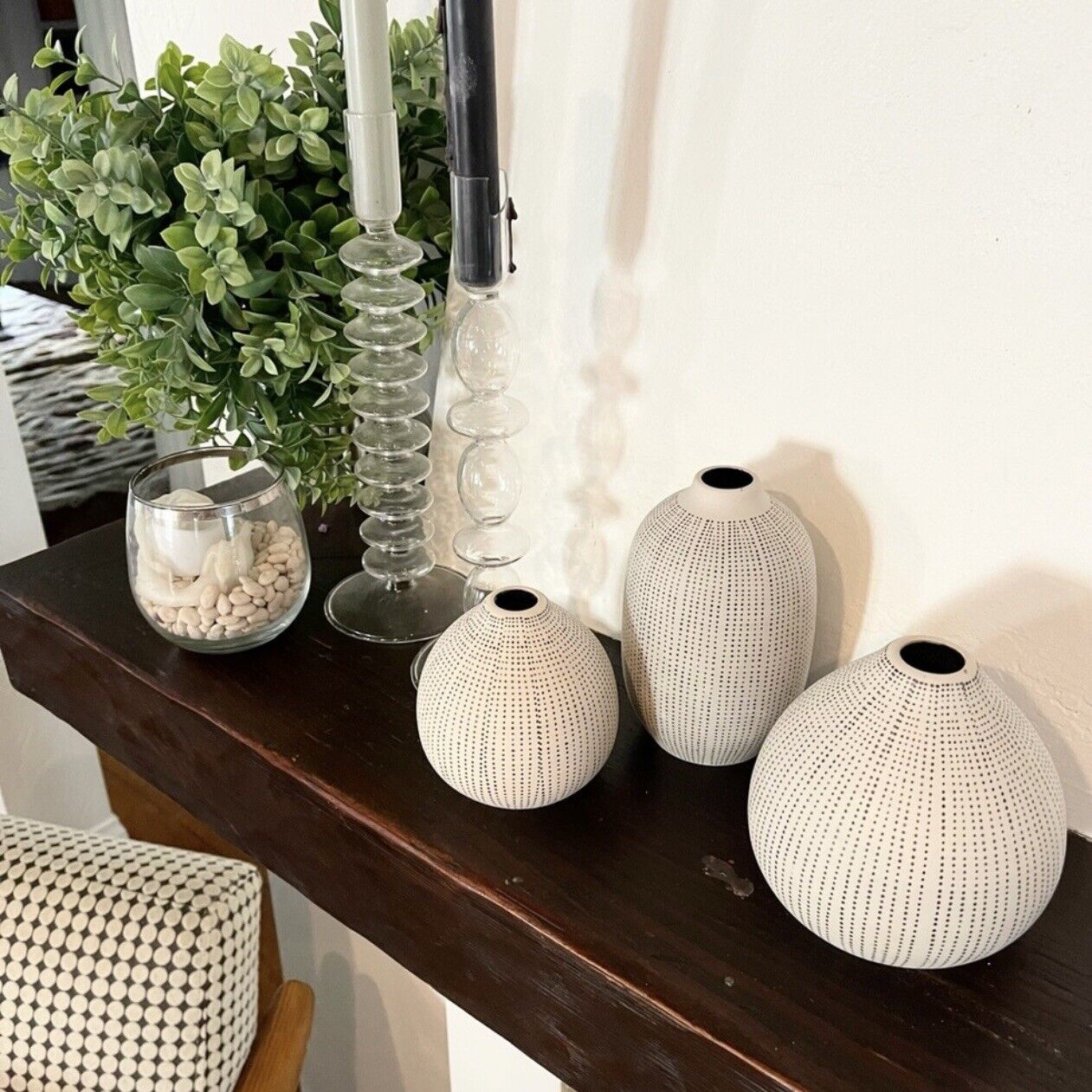 New West Elm White Ceramic Stoneware Textured Boho Vases Set of Three Home Decor