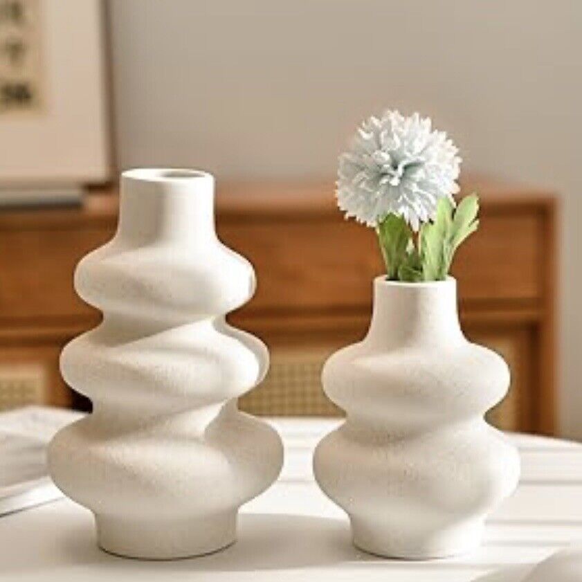 NEW West Elm Large Cream Stoneware Ceramic Geometric Flower Vase Décor Set of 2