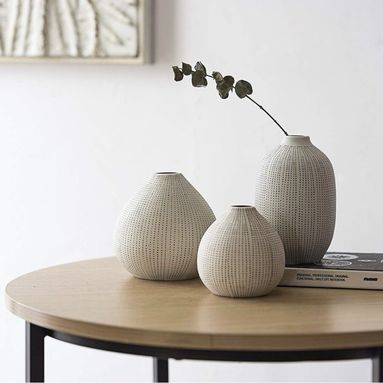 New West Elm White Ceramic Stoneware Textured Boho Vases Set of Three Home Decor