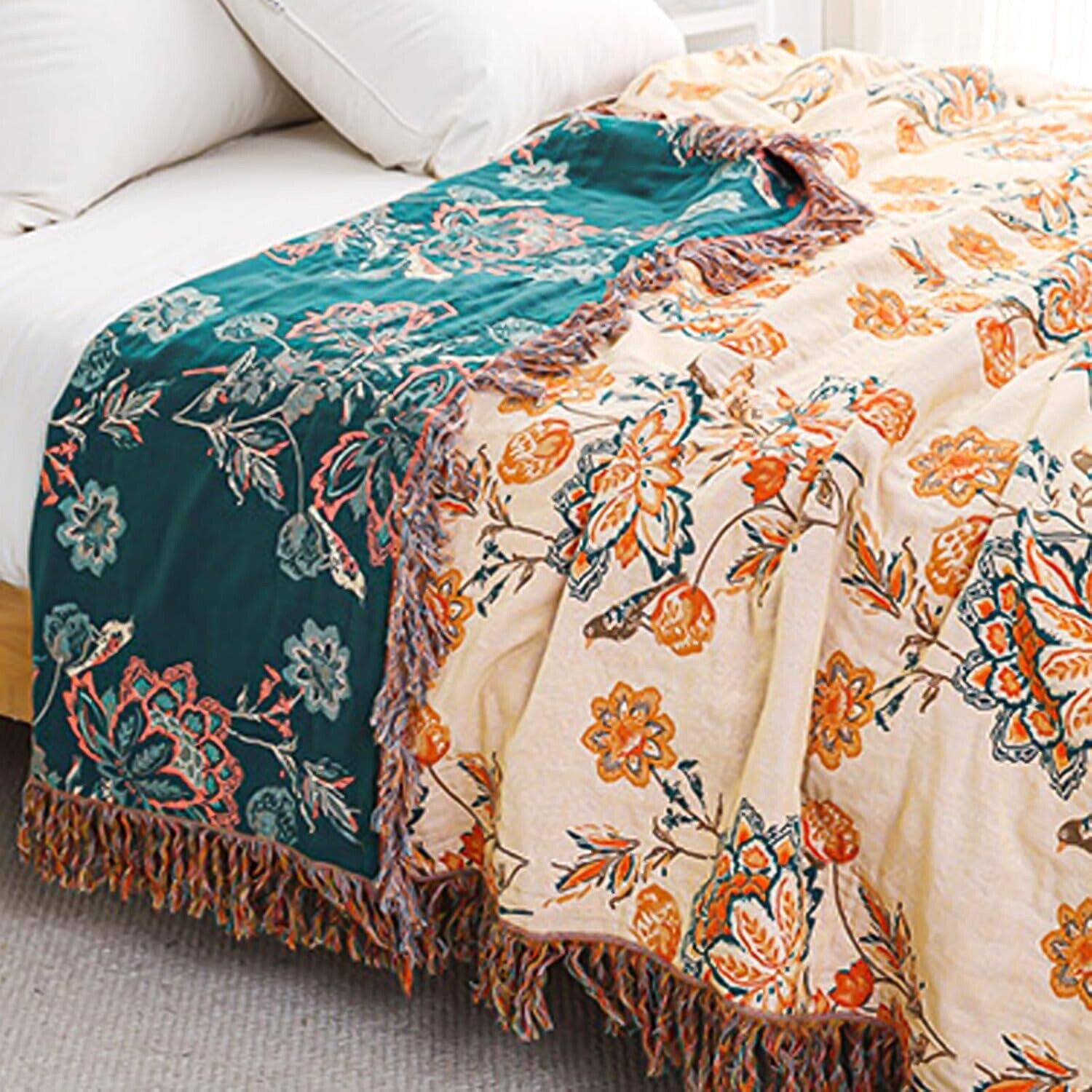 NEW Anthropologie Boho Floral Orange Teal Throw Blanket Bedspread Quilt 80 x 90