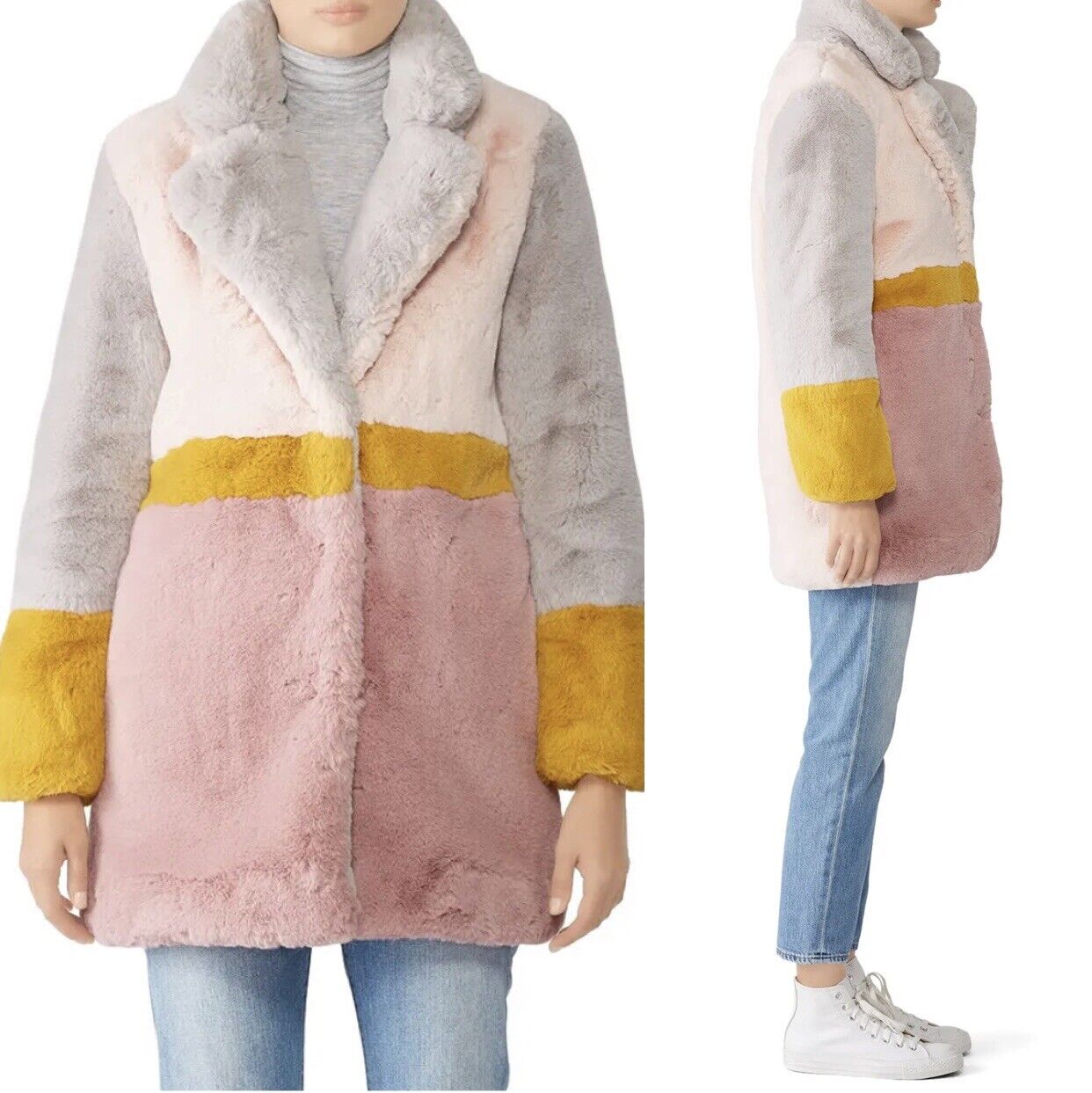 Apparis Lisa Faux Fur Color Block Boho Pink & Yellow Coat Jacket - Size Small