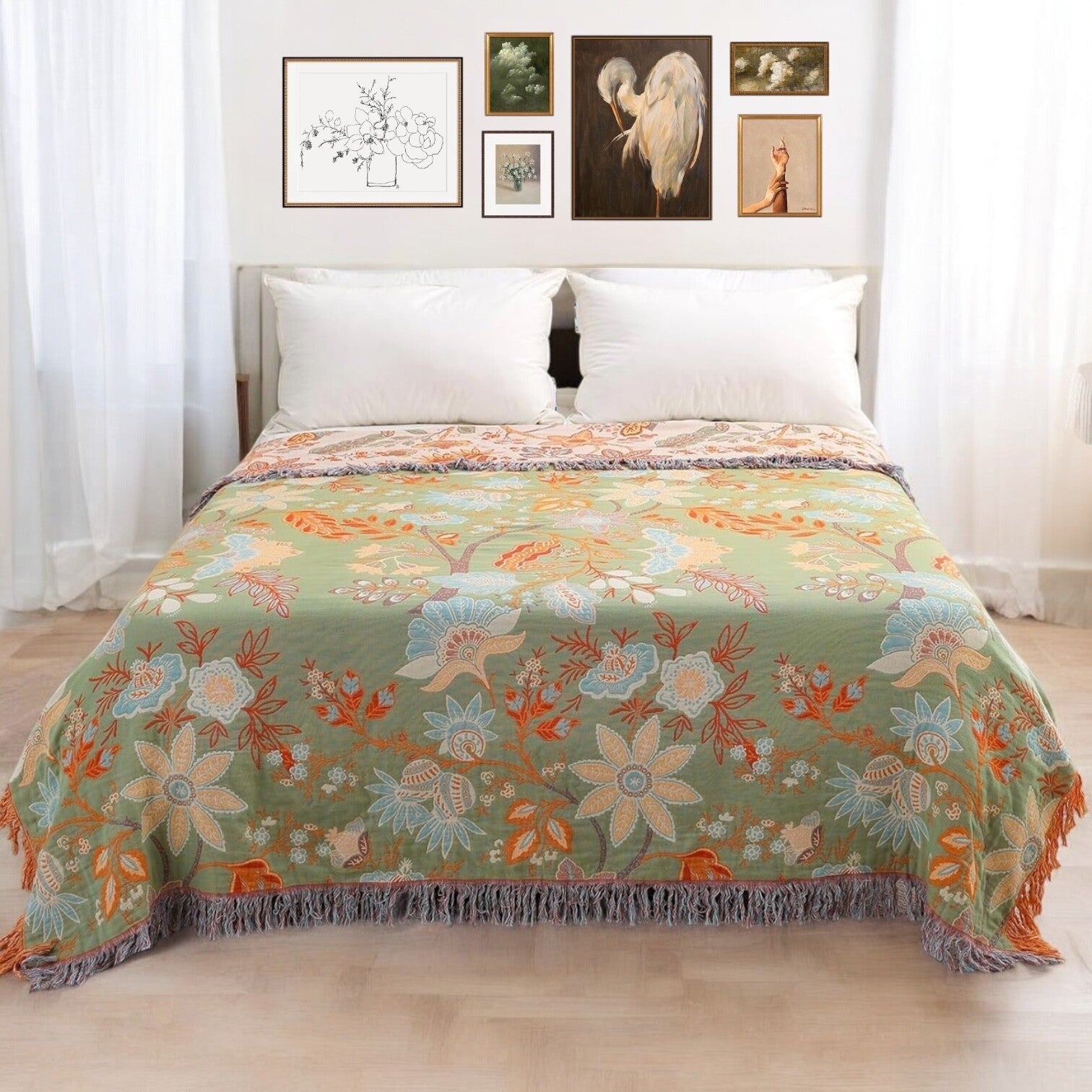 NEW Anthro XL Reversible Green Tassel Throw Blanket Bedspread Quilt - 80" x 90"