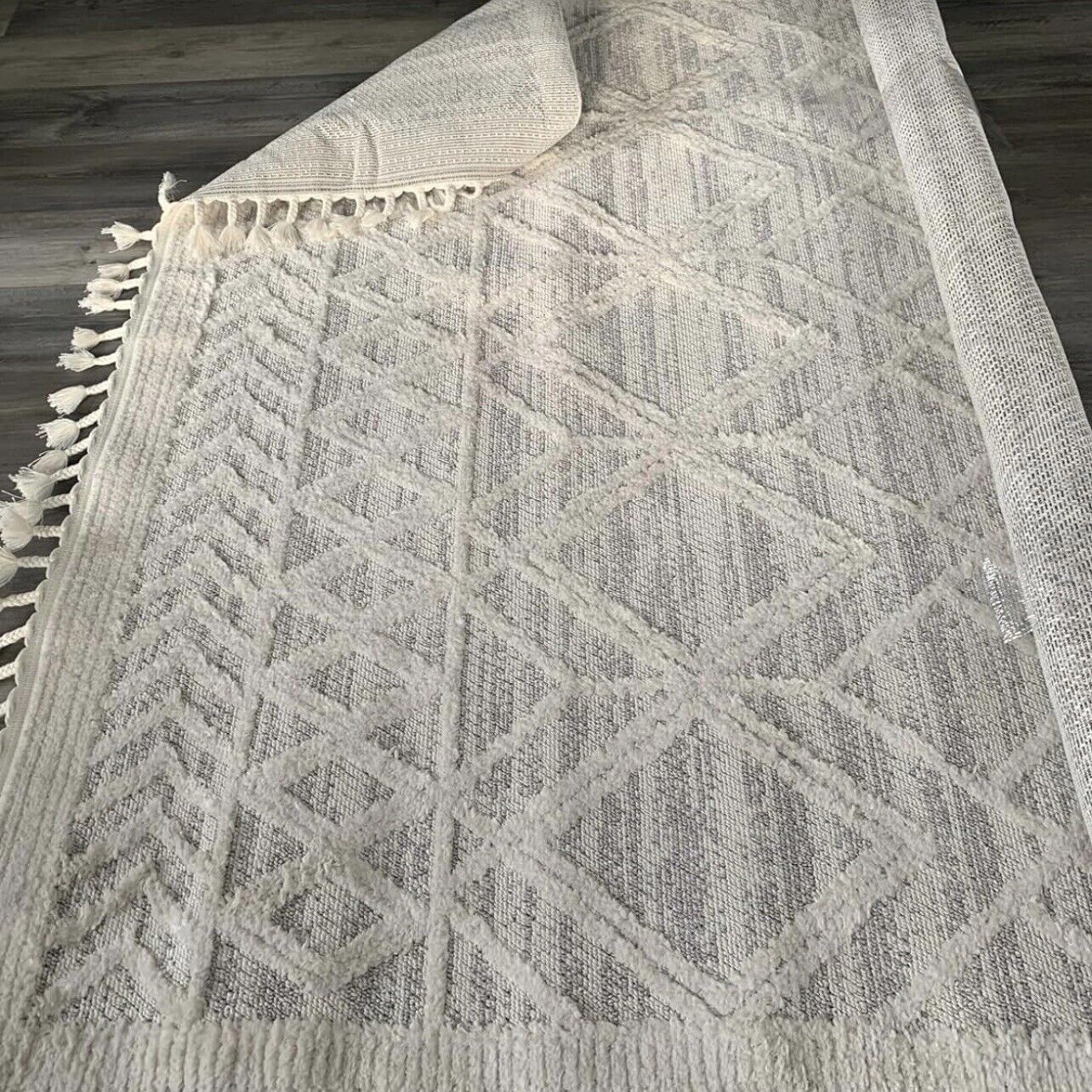 NEW West Elm White Cream Boho Tassel Geometric Moroccan Area Rug Carpet 5' x 8'