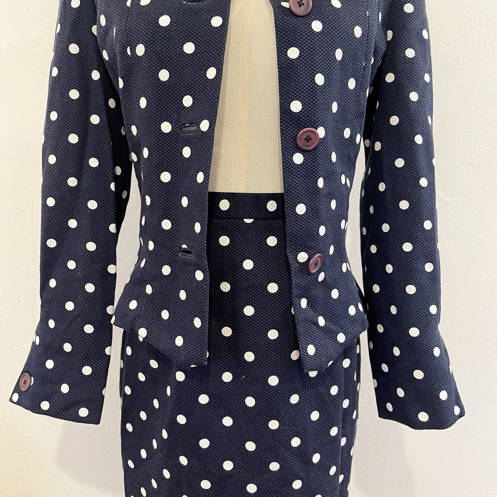 Vintage Carolina Herrera Navy Polka Dot Skirt Suit Blazer Jacket Set Size Small