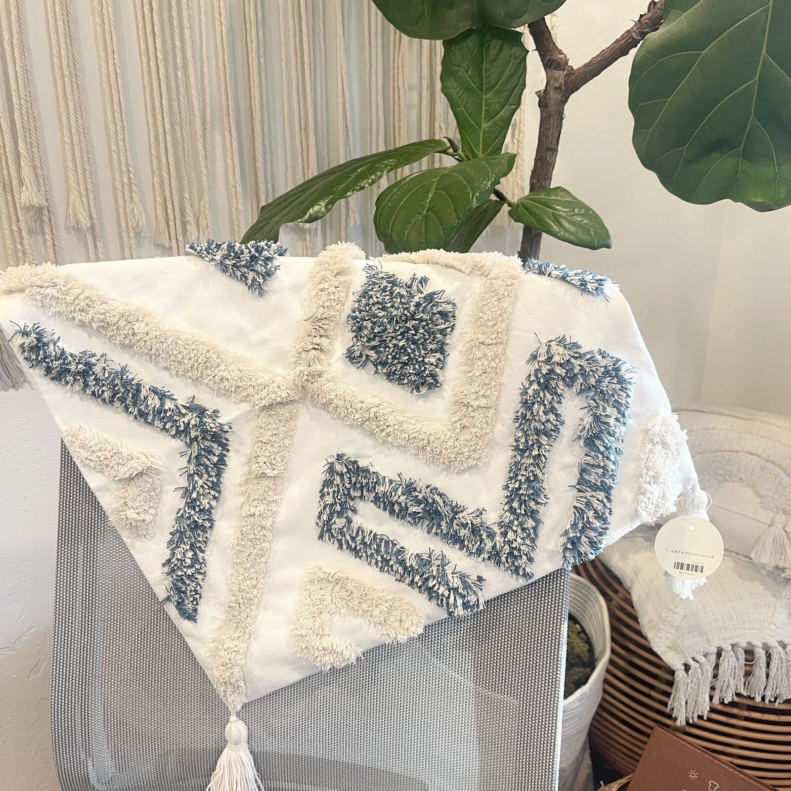 NEW Anthropologie Boho Abstract Tassel Throw Pillow Case Cover Sham - 18" x 18"