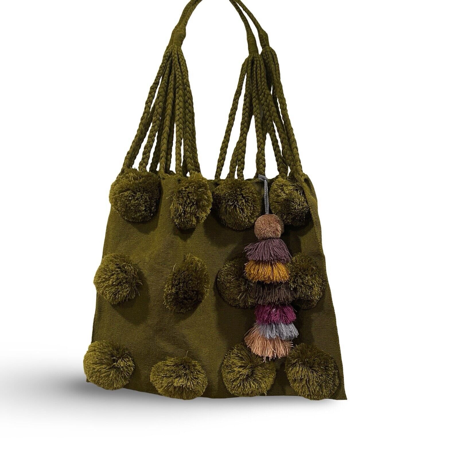 NEW Boho Multicolor Tote Bags - Tassel Pom Pom Woven Shoulder Purse with Strap