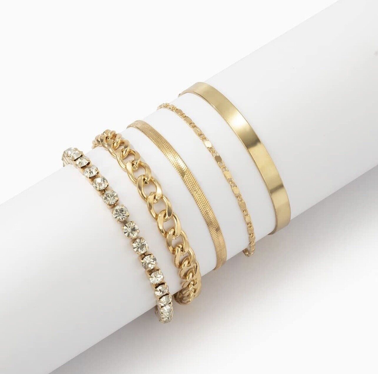 New Anthropologie Five-piece Gold Plated Bangle Stacking Rhinestone Bracelet Set