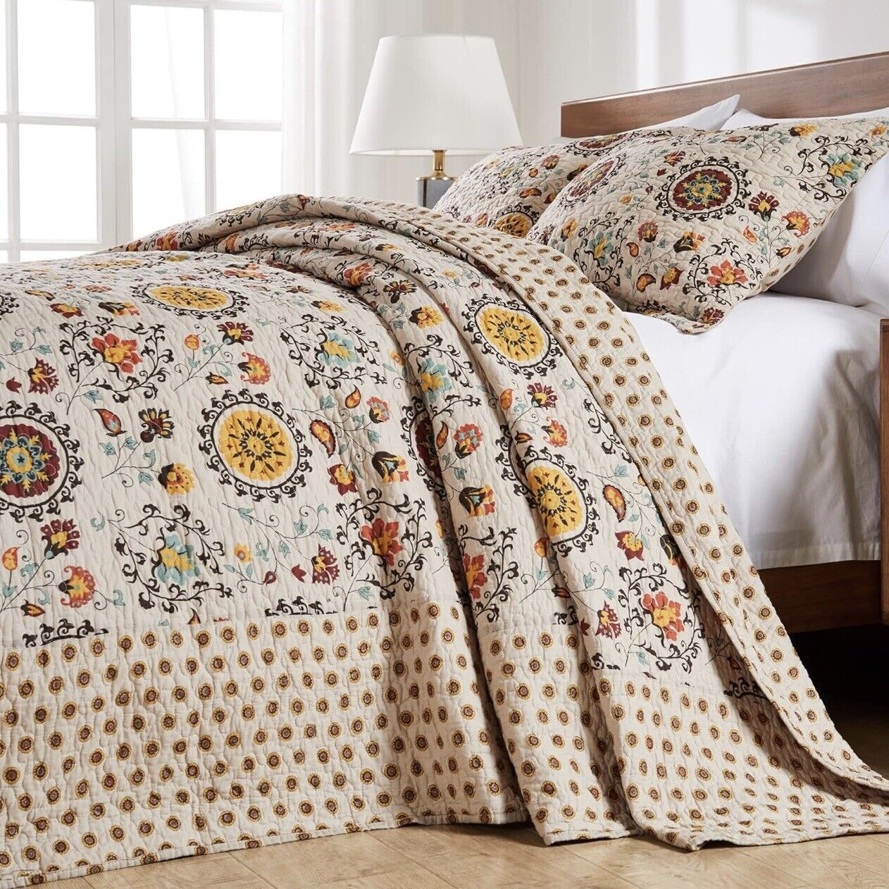 NEW Anthropologie Multicolor Floral Boho Queen Quilt Bedspread Bedding Sham Set