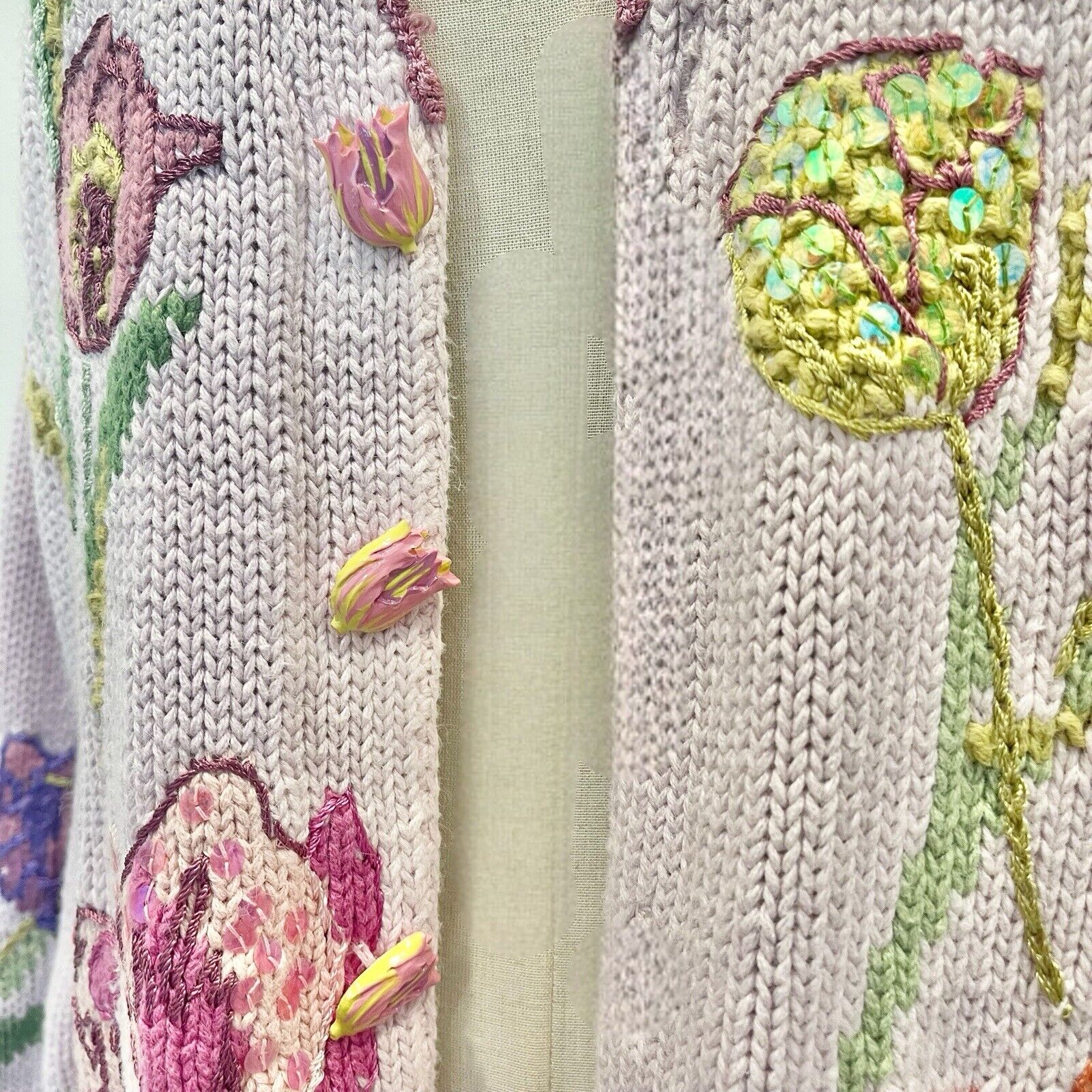 Vintage Storybook Knits Pink Floral Embroidered Sequin Sweater Cardigan - Large