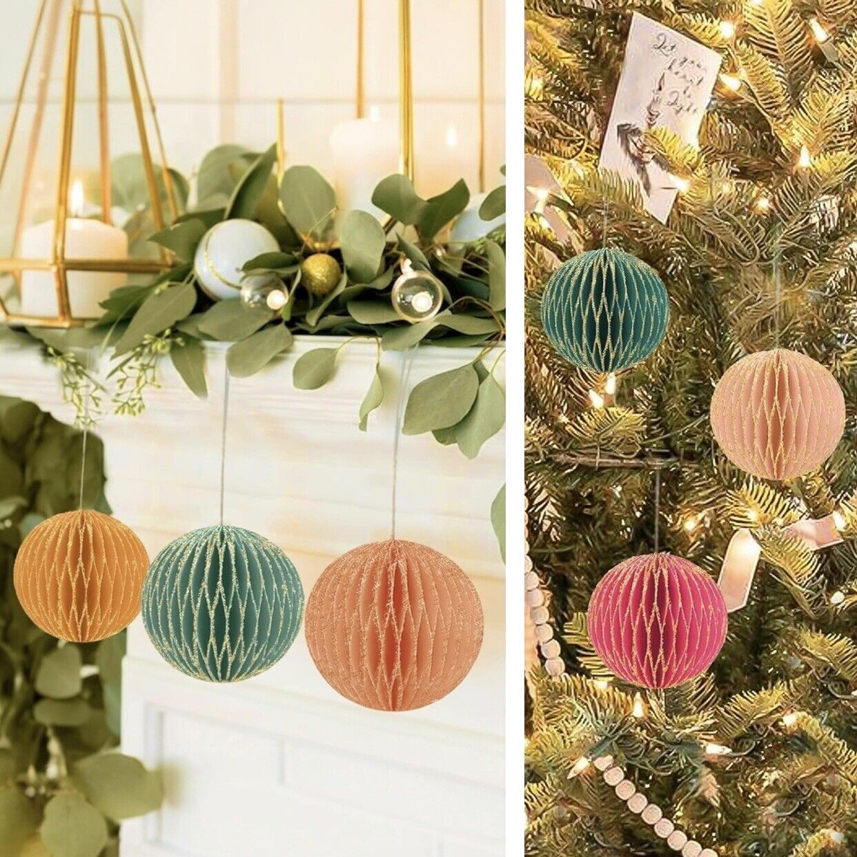 NEW West Elm 6 Piece Boho Glitter Paper Christmas Tree Ornaments Set Decor - 3"