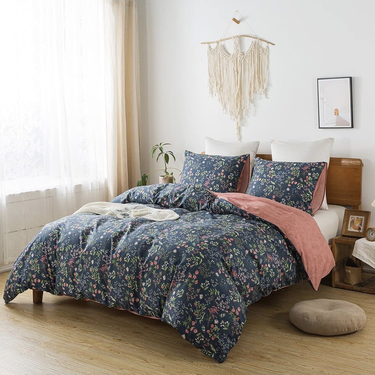 NEW Anthropologie Blue Floral Cotton Boho Queen Size Bedding Duvet & Sham Set