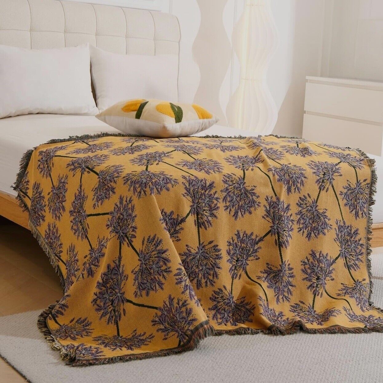 NEW Anthropologie Boho Yellow Floral  Tassel Throw Blanket Bedspread - 50" x 70"