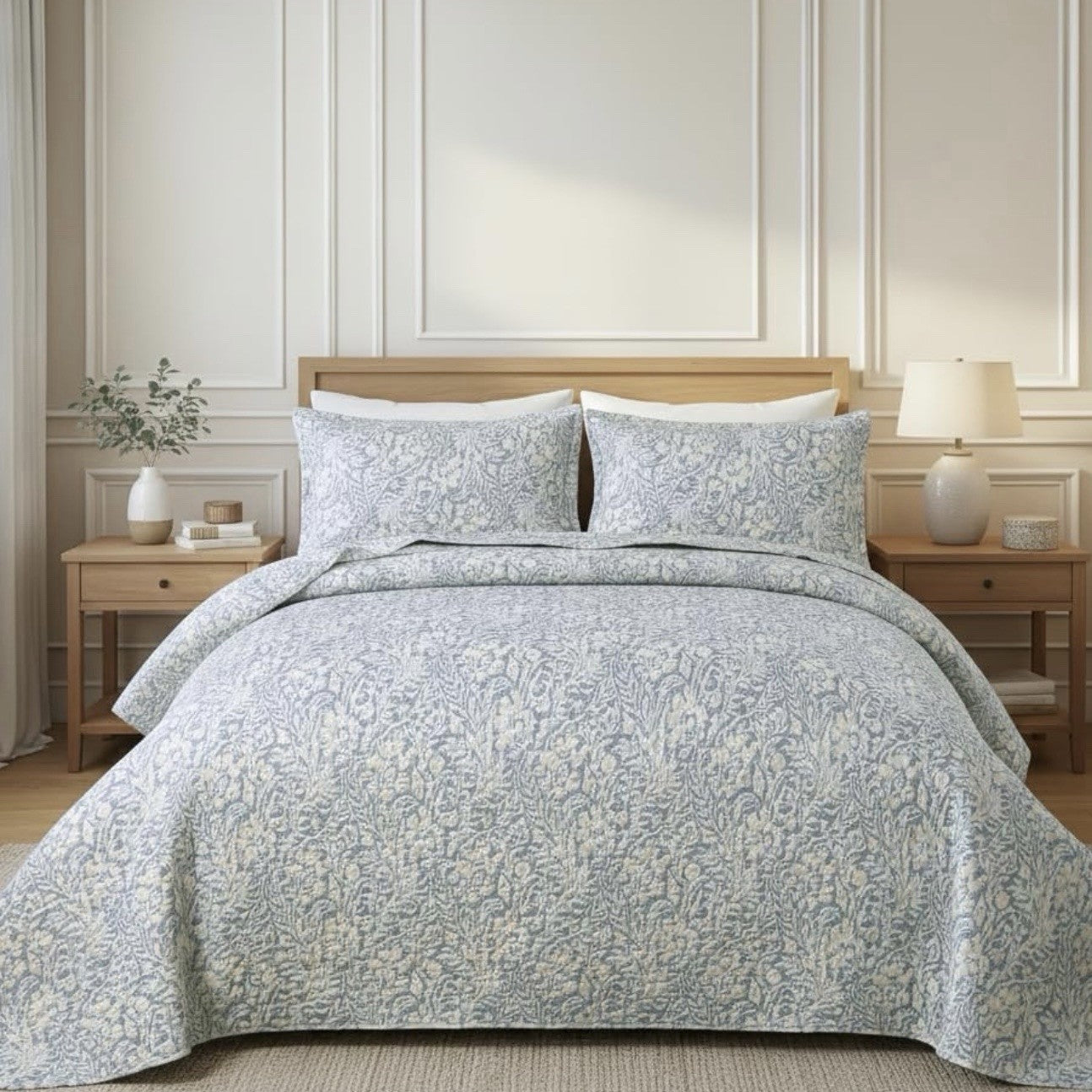 NEW West Elm Blue Botanical Boho Print Queen / King Bedding Quilt & Sham Set