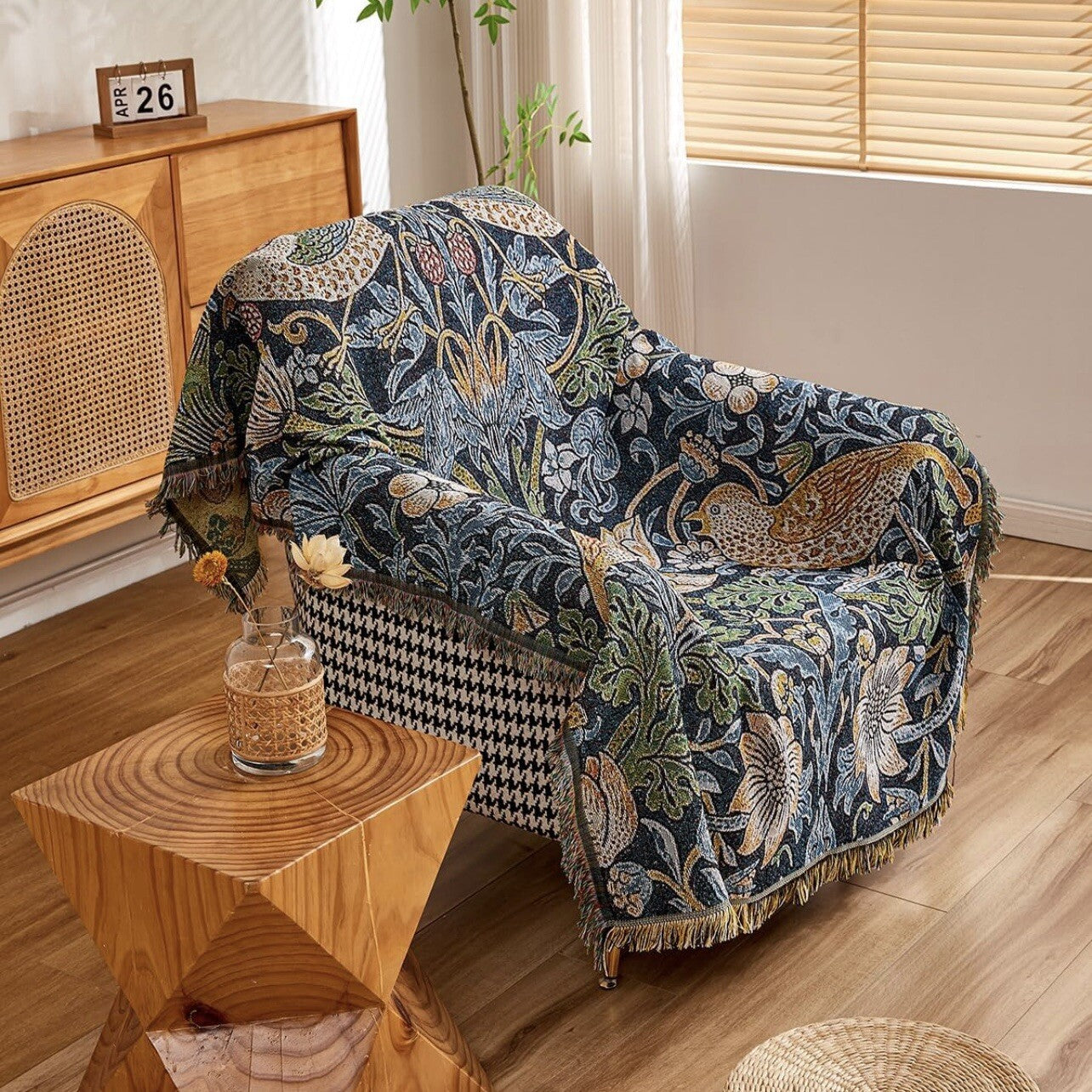 NEW Anthropologie Boho Bird  Blue Tassel Throw Blanket Bedspread Quilt - 50 x 70