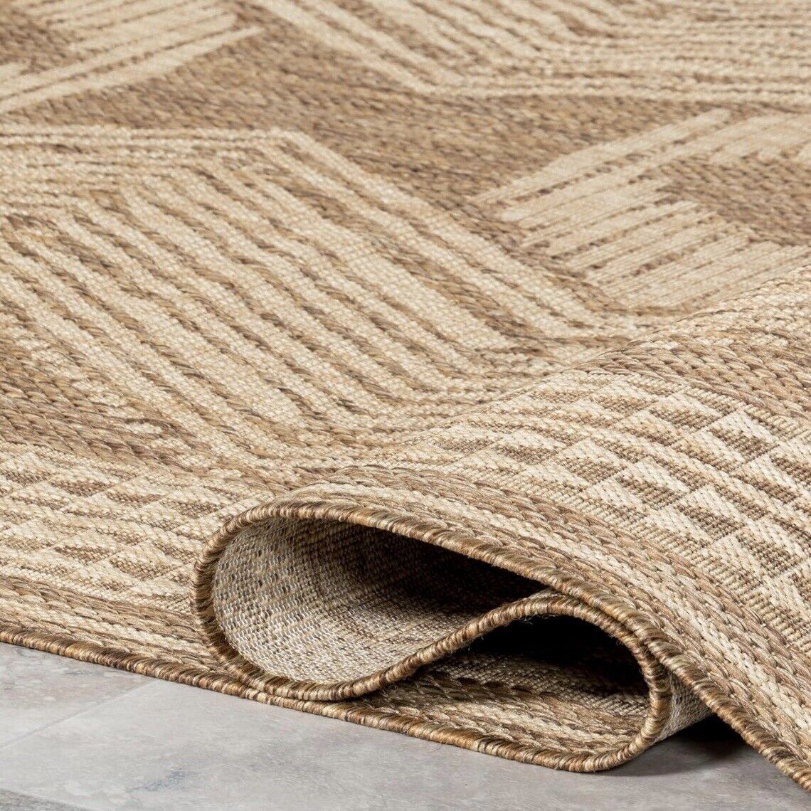 NEW West Elm Tan Woven Boho Jute Style Geometric Indoor Outdoor Area Rug 7' x 9'