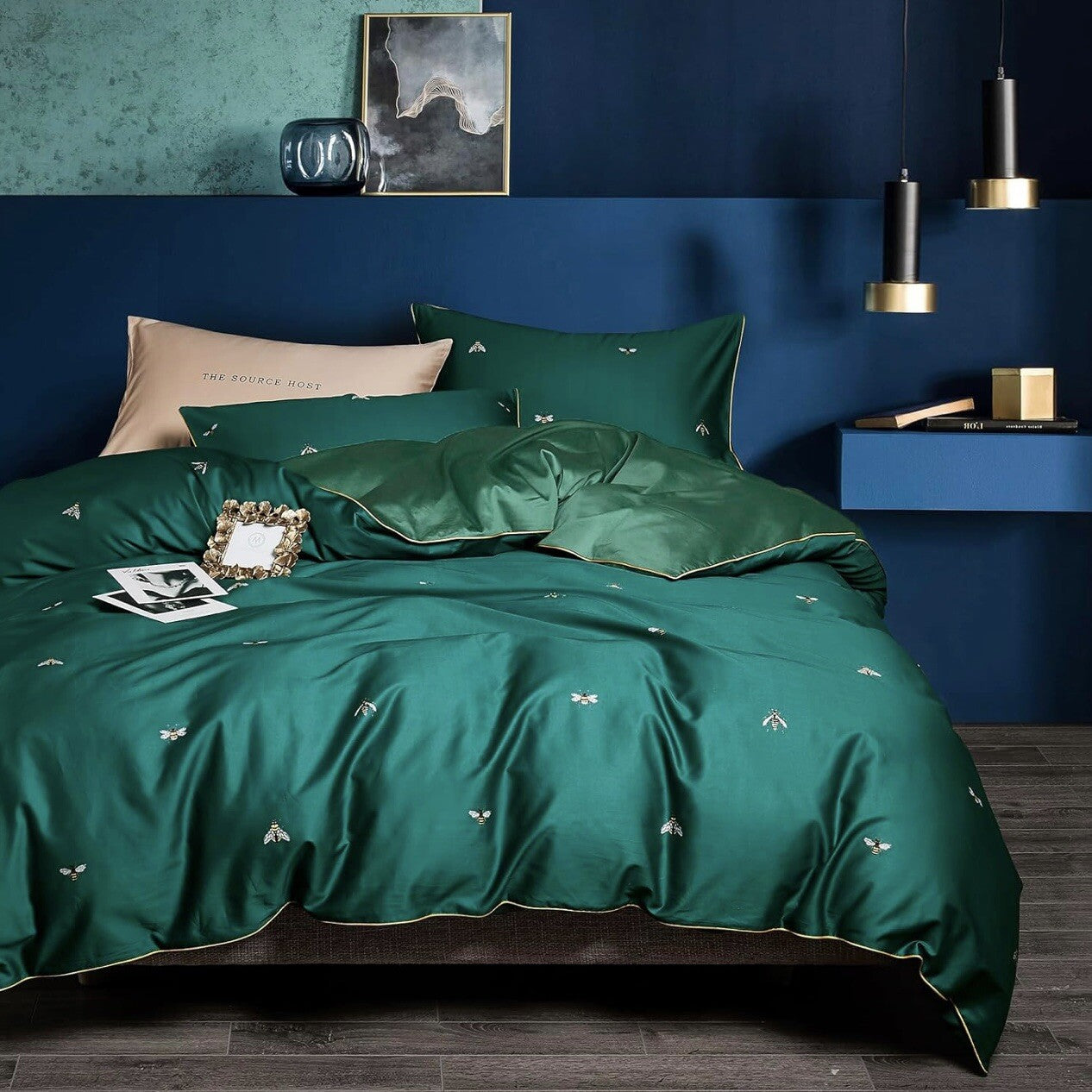NEW Anthropologie Emerald Green Bee Boho Queen Size Bedding Duvet Sham Case Set