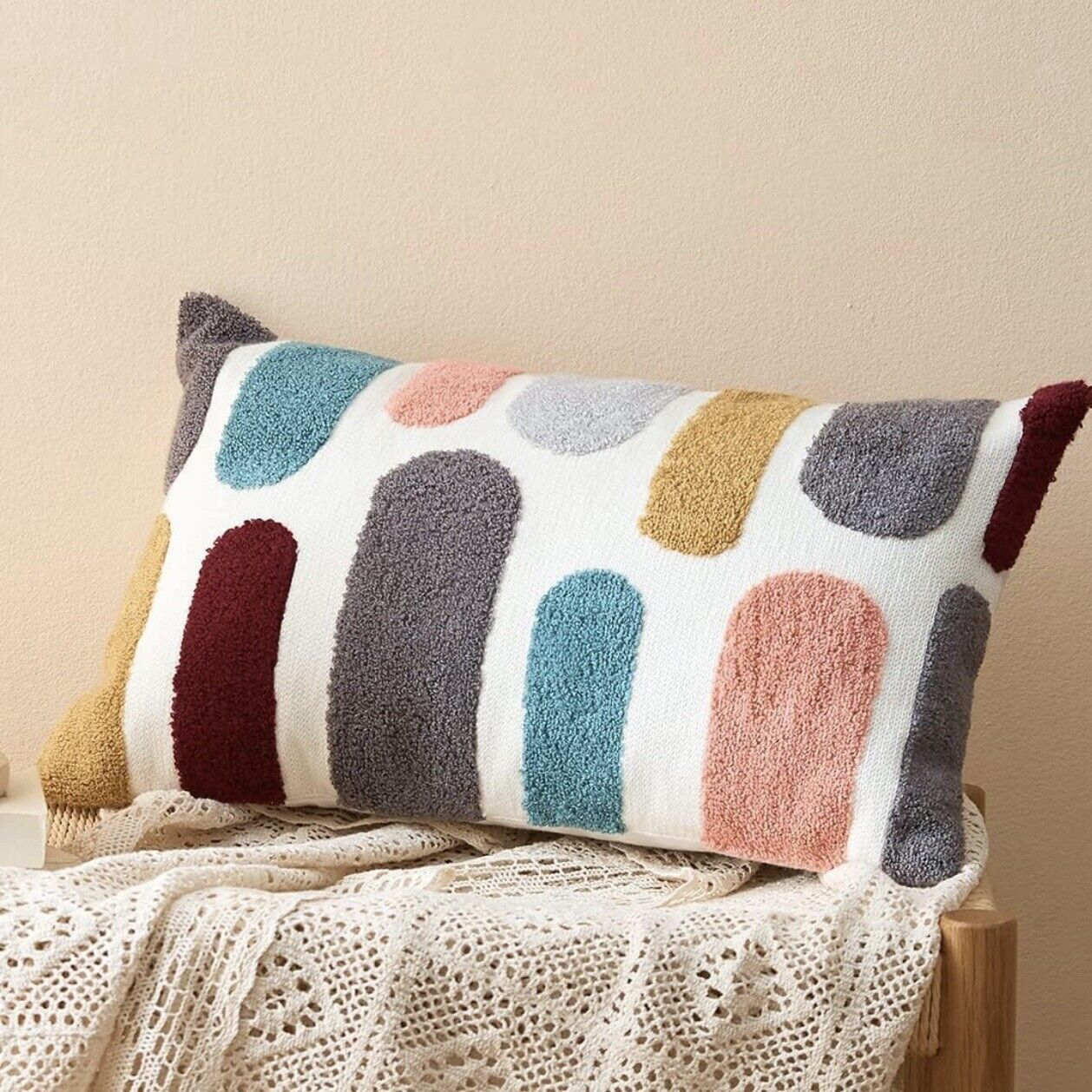 New Anthropologie Boho Lumbar Colorful Abstract Throw Pillow Case Cover 12 x 20