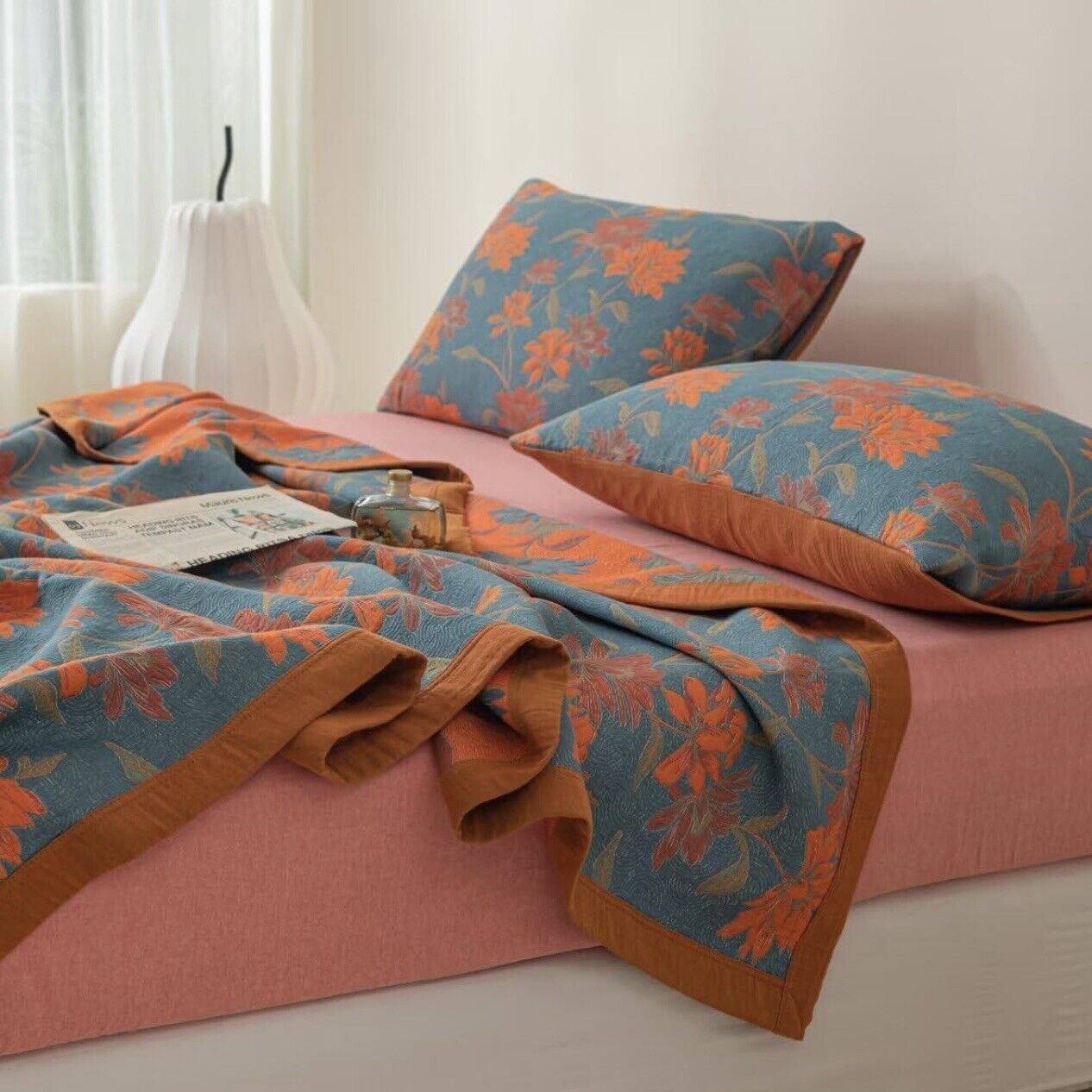 NEW Anthropologie Blue Orange Reversible Queen / King Bedspread Blanket Sham Set