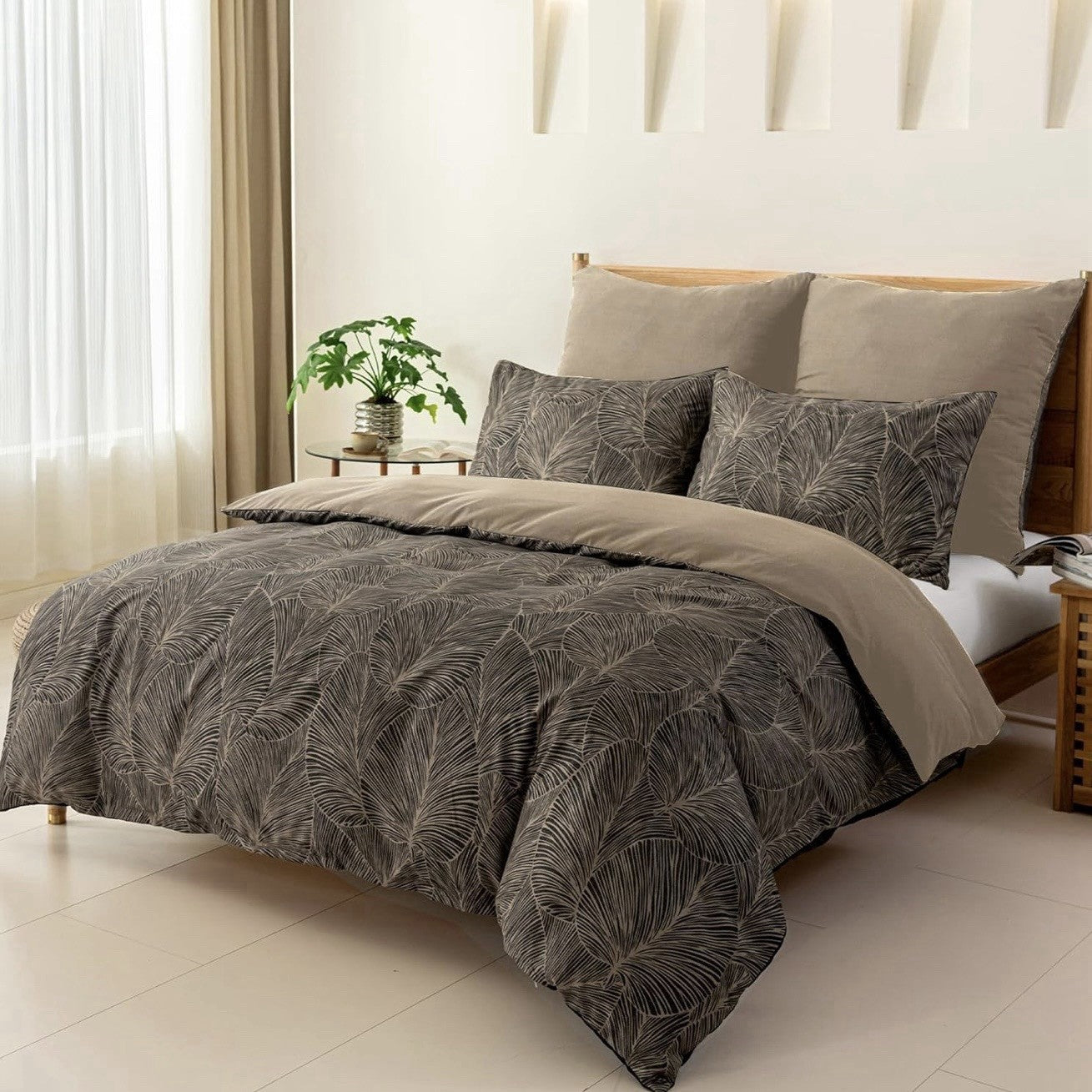 NEW Anthropologie Khaki Botanical Print Boho Queen King Bedding Duvet & Sham Set