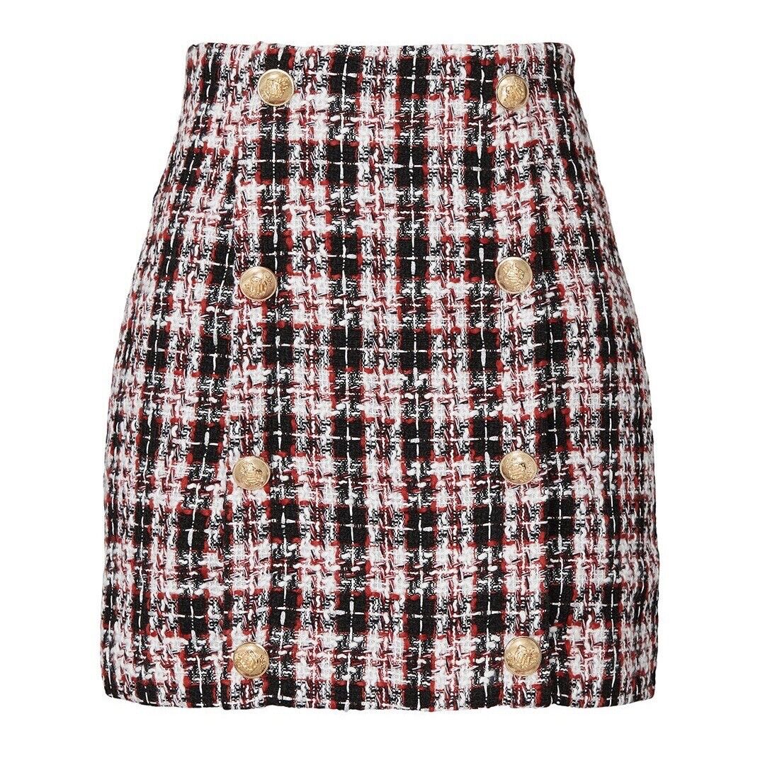 Lioness The South Bank Black & Red Woven Tweed Mini Skirt Gold Buttons - Small