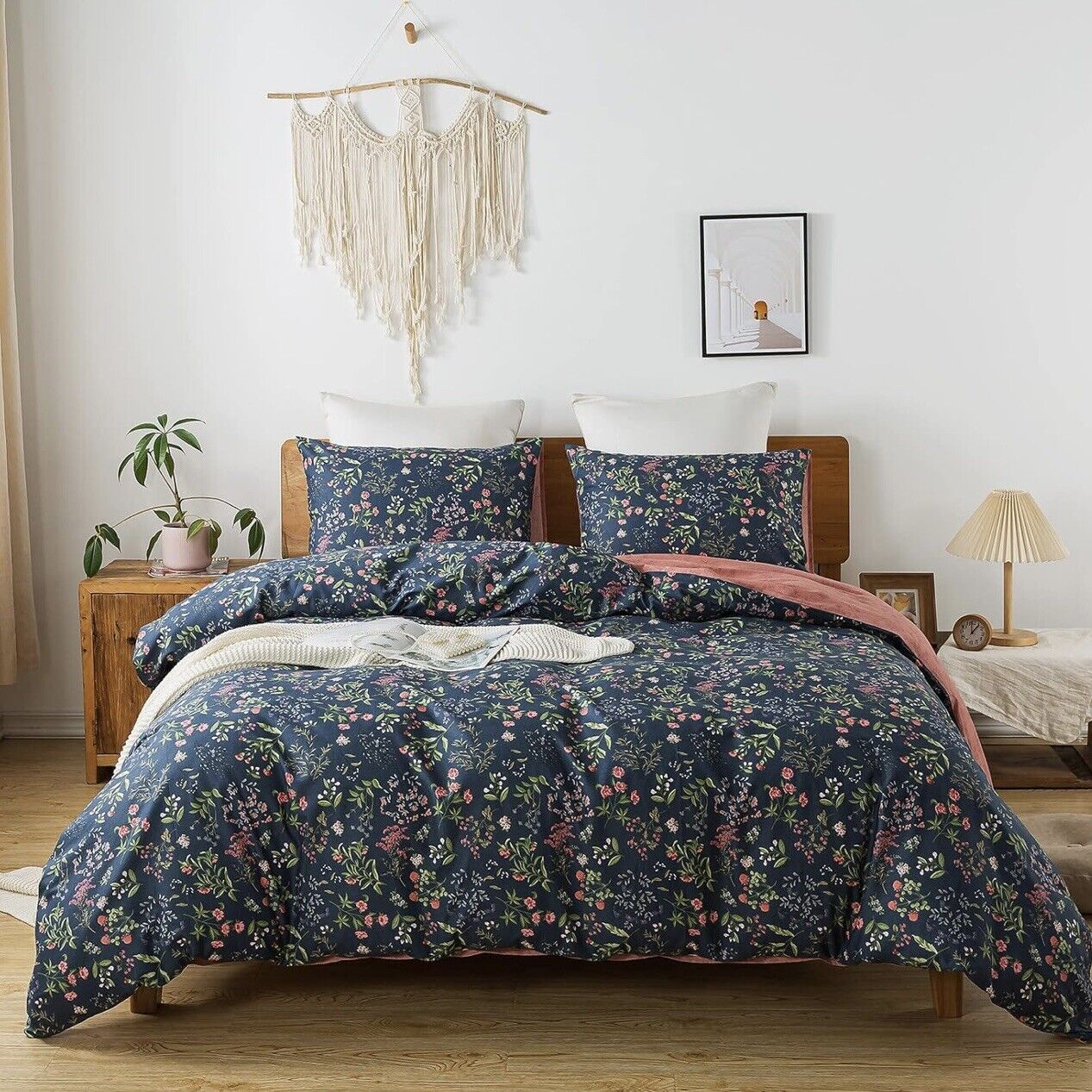 NEW Anthropologie Blue Floral Cotton Boho Queen Size Bedding Duvet & Sham Set