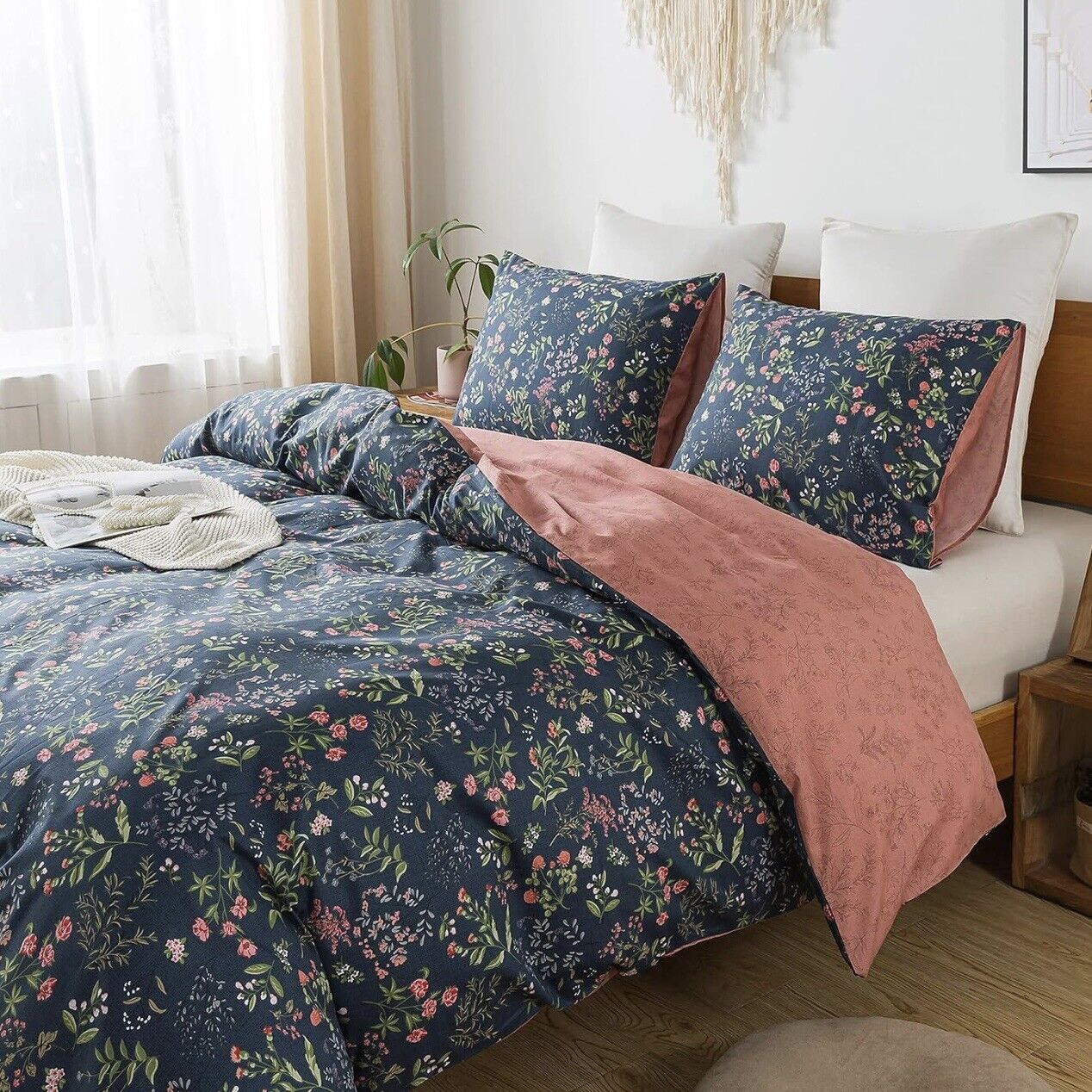 NEW Anthropologie Blue Floral Cotton Boho Queen Size Bedding Duvet & Sham Set