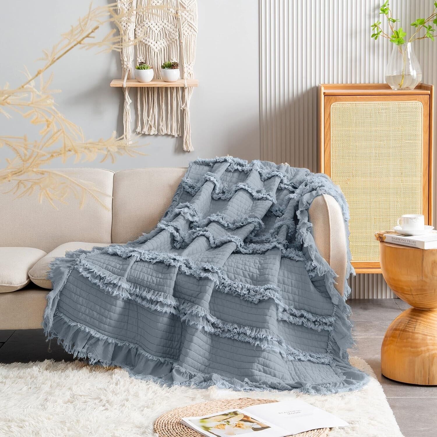 NEW West Elm Boho Blue Quilted Ruffle Knit Throw Blanket Bedding - 60" x 80"