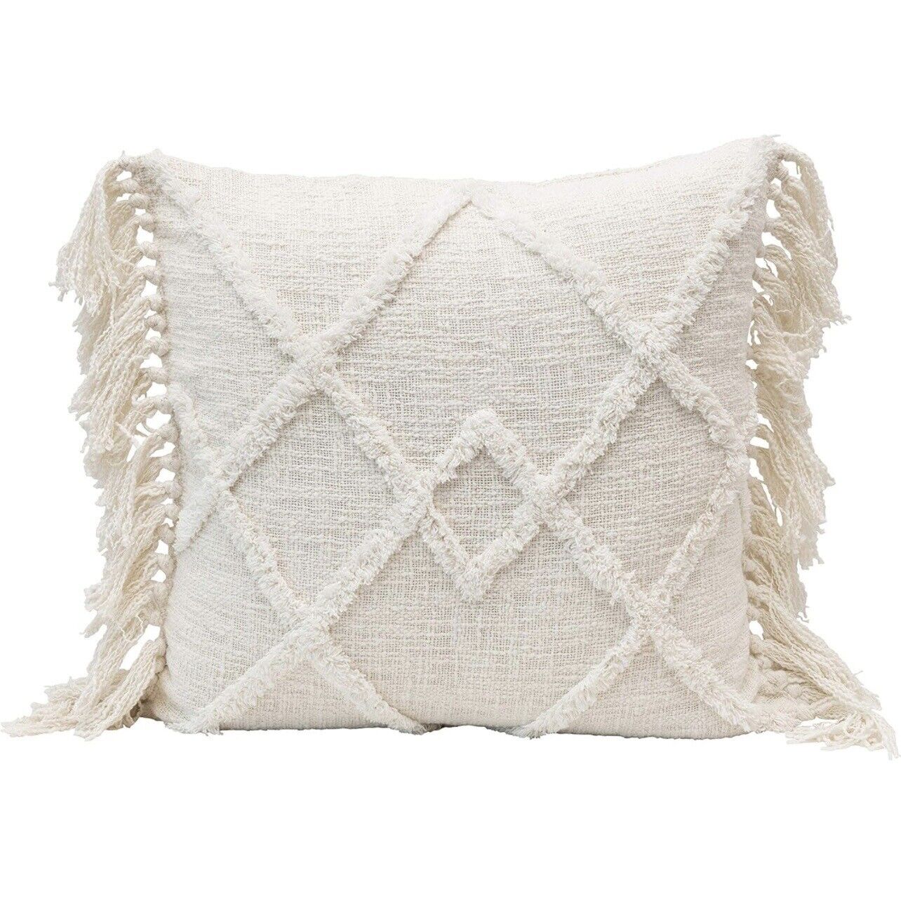 NEW Anthropologie Boho Tassel White Cream Knit Throw Accent Pillow - 20" x 20"