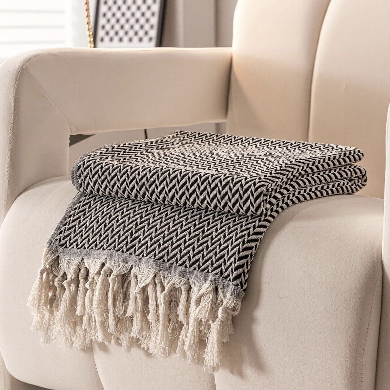 NEW West Elm Boho Black & White Turkish Cotton Throw Blanket Bedding - 60" x 50"