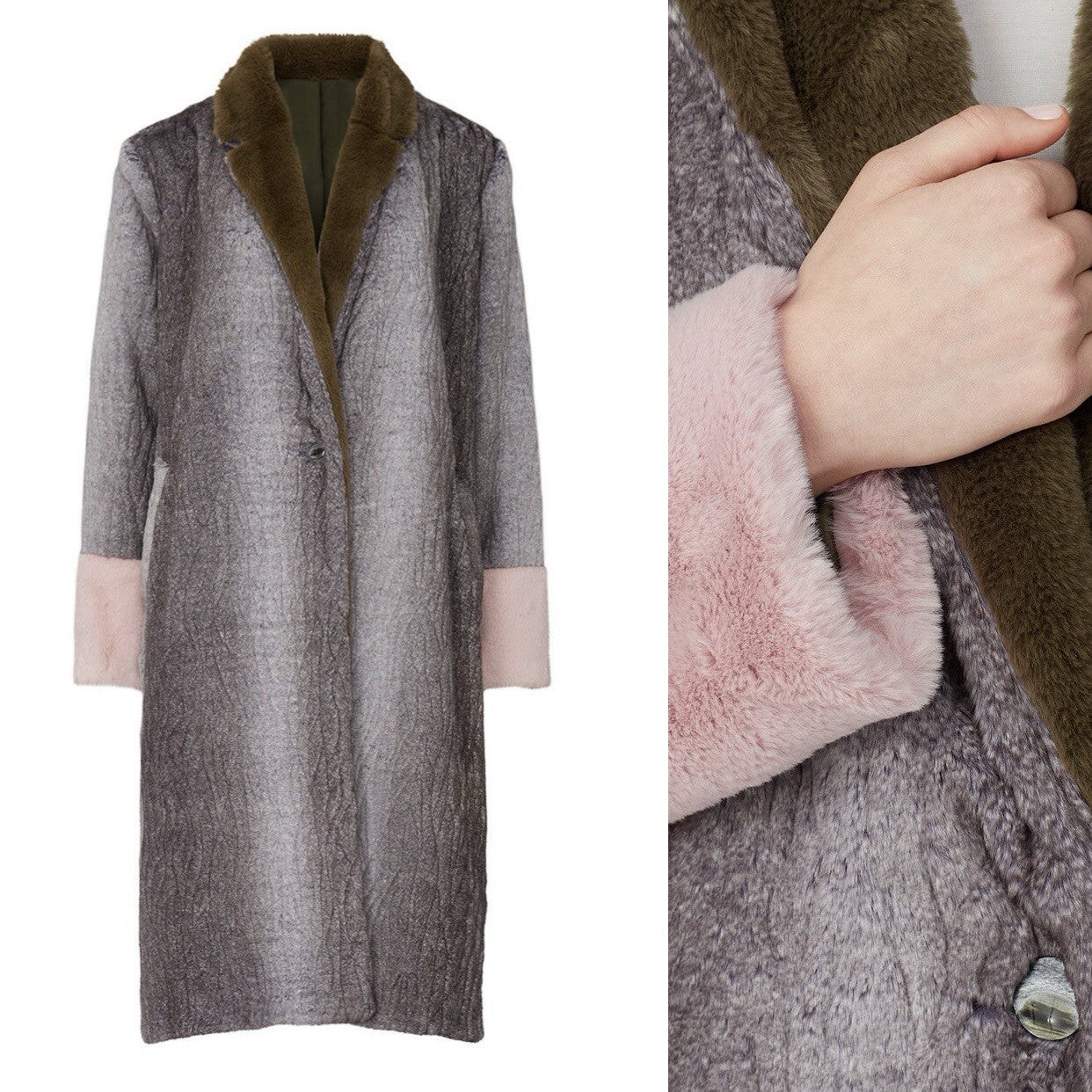 Anthropologie Hutch Grey Green Pink Long Faux Fur Trench Coat Jacket Size Large