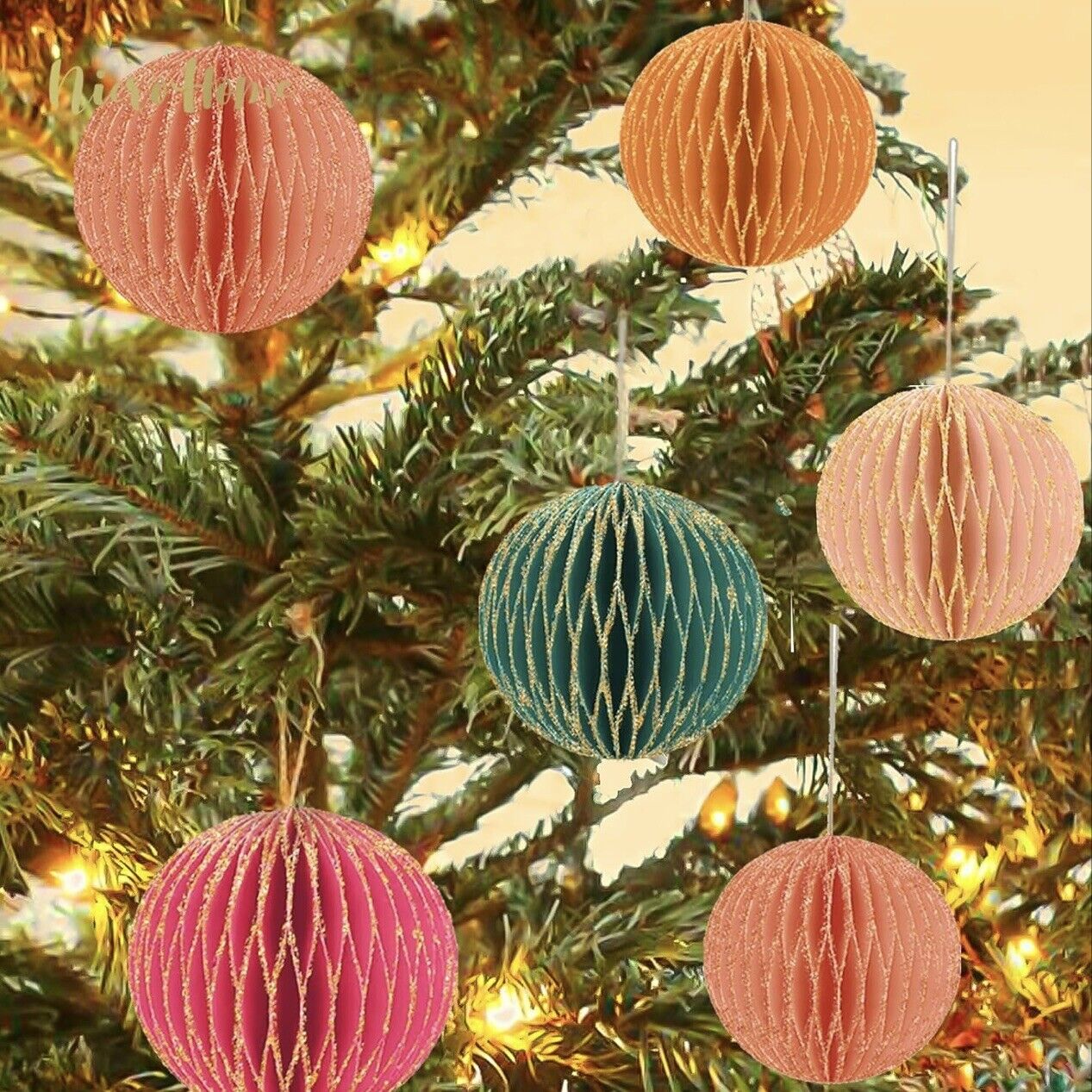 NEW West Elm 6 Piece Boho Glitter Paper Christmas Tree Ornaments Set Decor - 3"