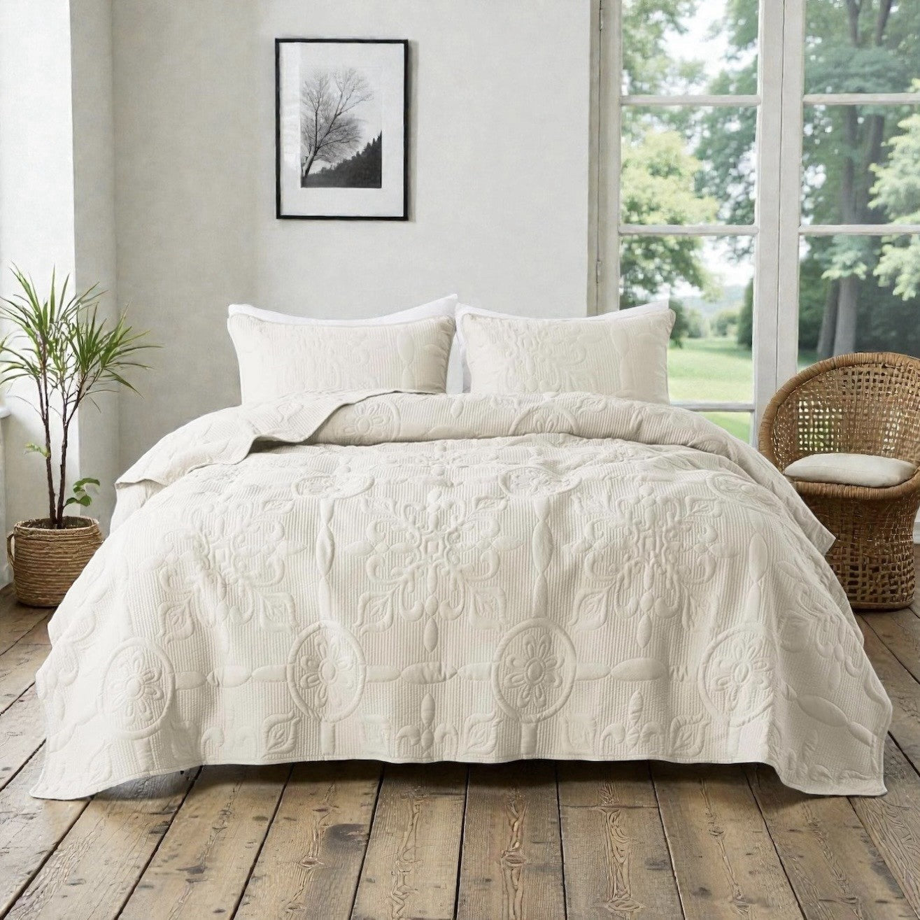 NEW Anthro White Cream Boho Jacquard Retro Queen / King Bedding Quilt & Sham Set