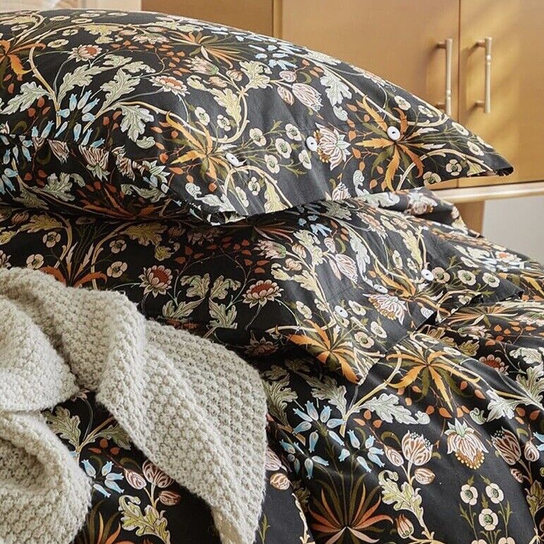 NEW Anthropologie Black Orange Floral Cotton Boho King Bedding Duvet & Sham Set