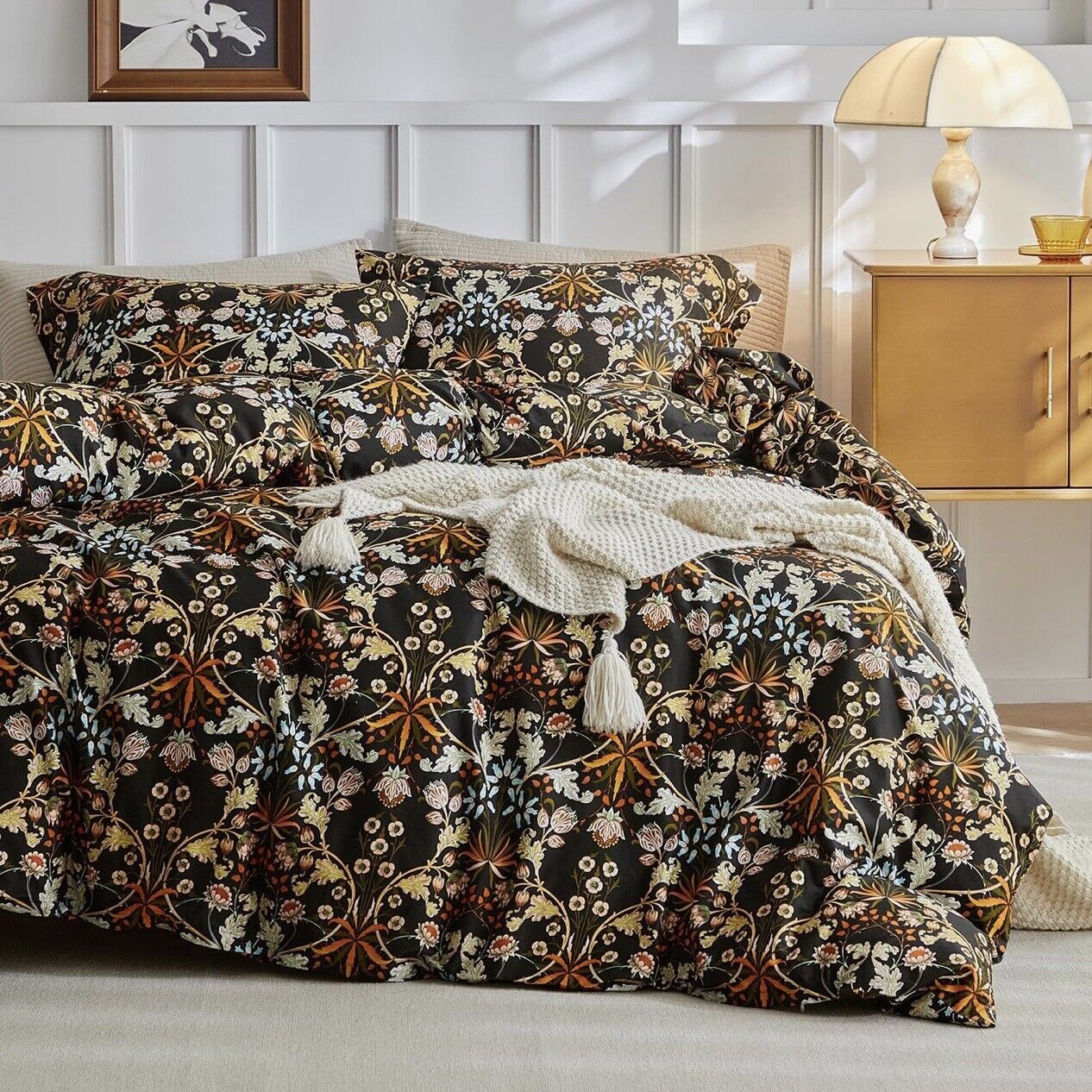 NEW Anthropologie Black Orange Floral Cotton Boho Queen Bedding Duvet & Sham Set