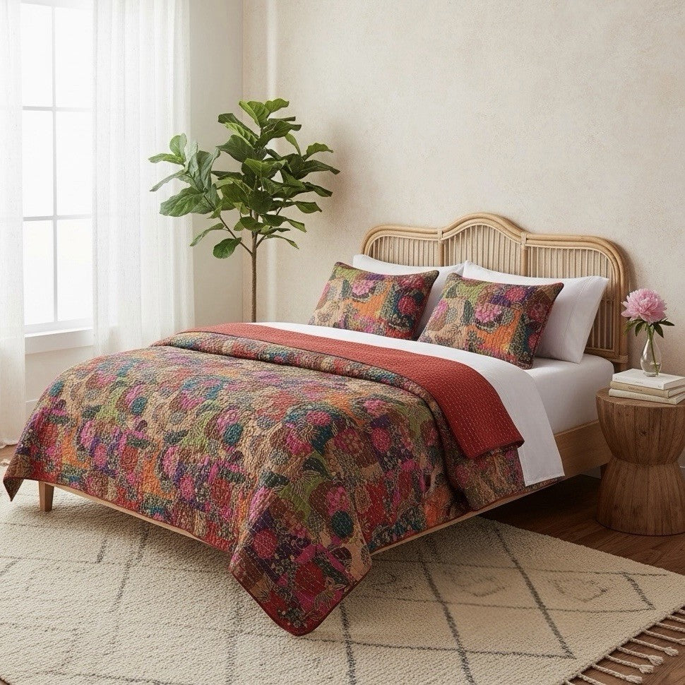 NEW Anthropologie Multicolor Floral Boho King Quilt Bedspread Bedding Sham Set