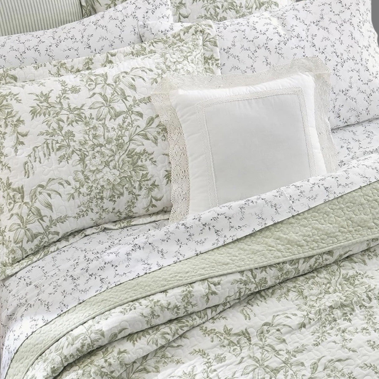 NEW West Elm Green White Floral Retro Cotton Queen King Bedding Quilt & Sham Set