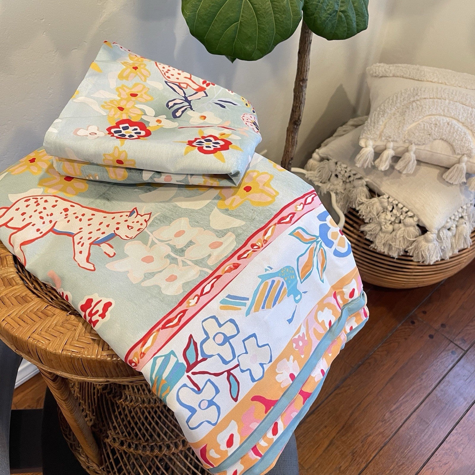 NEW Anthro Blue Jungle Multicolor Boho Queen / King Bedding Duvet & Sham Case