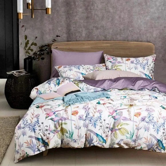NEW Anthro Purple Floral Bird Boho Cotton Queen / King Bedding Duvet & Sham Set