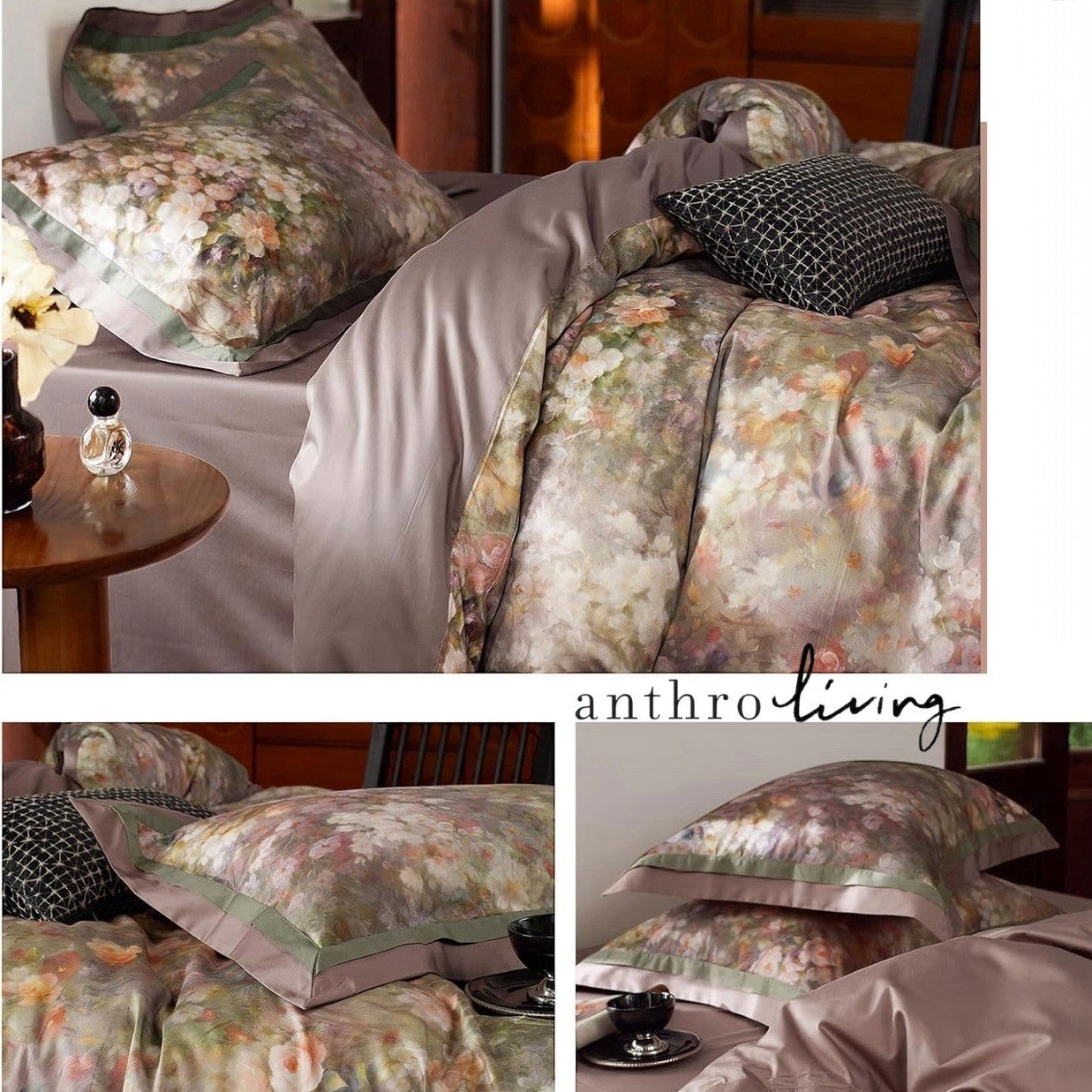 NEW Anthro Blush Pink Silk Floral Boho Cotton Queen Bedding Duvet & Sham Set