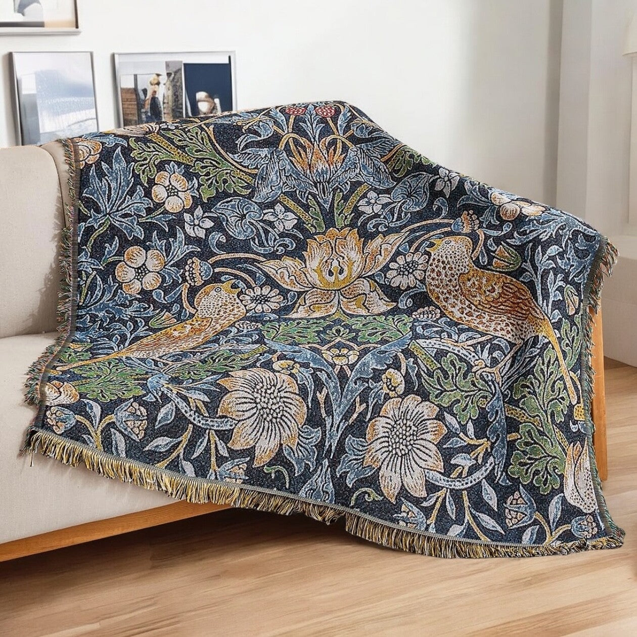 NEW Anthropologie Boho Bird  Blue Tassel Throw Blanket Bedspread Quilt - 50 x 70
