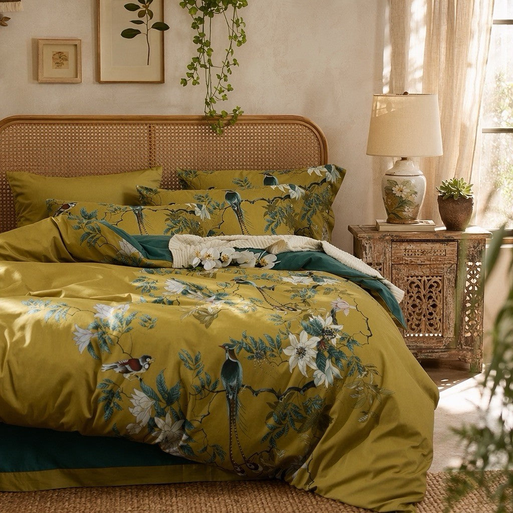 NEW Anthropologie Yellow Boho King Bird Cotton Bedding Duvet & Floral Sham Set