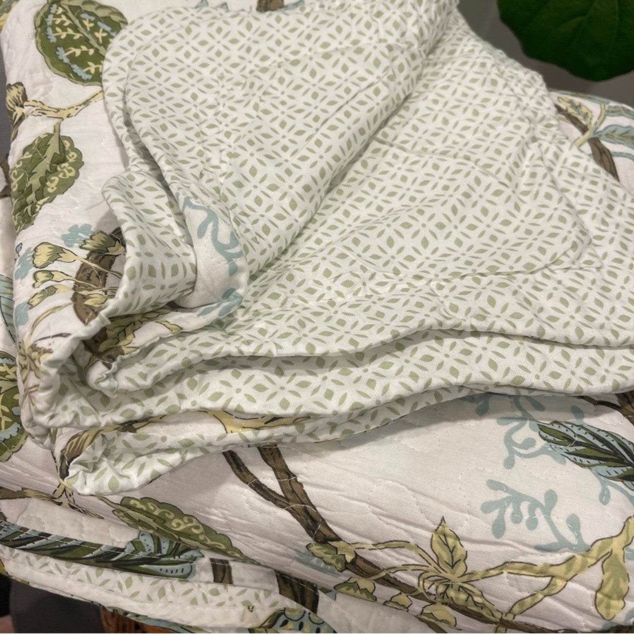 NEW Anthro Green Floral 100% Cotton Boho Quilt Bedding Bedspread Duvet Sham Set
