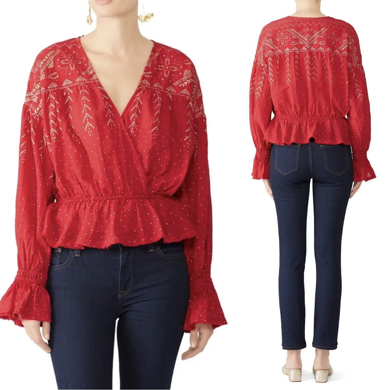 Free People Red Embroidered Print Boho Ruffle Blouse Shirt Top - Size Small