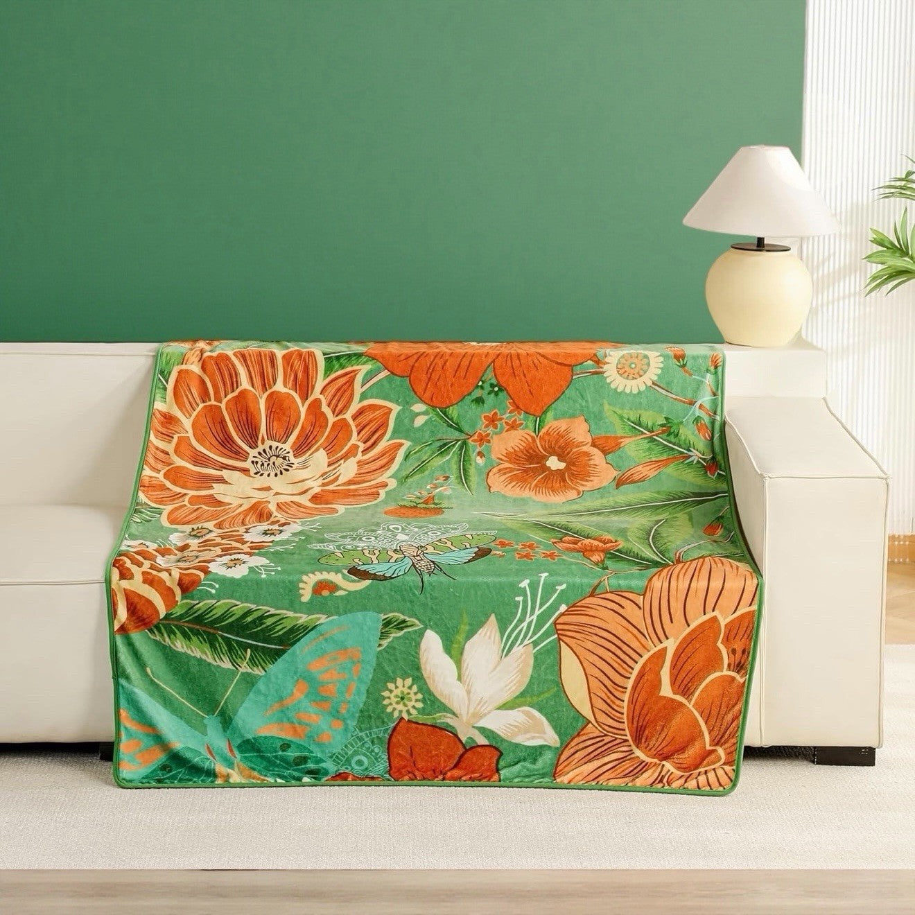 NEW Anthropologie XL Queen Size Boho Green Floral Fleece Blanket Bedspread 90x90