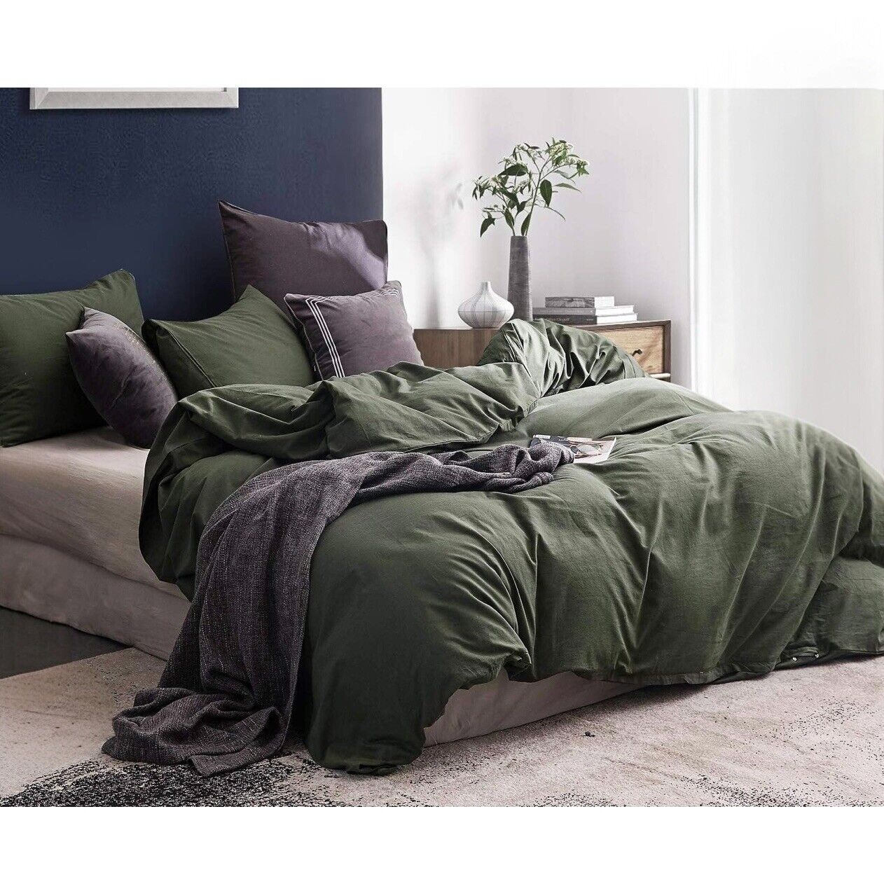 NEW West Elm Dark Green 100% Cotton Boho King Size Bedding Duvet Sham Case Set