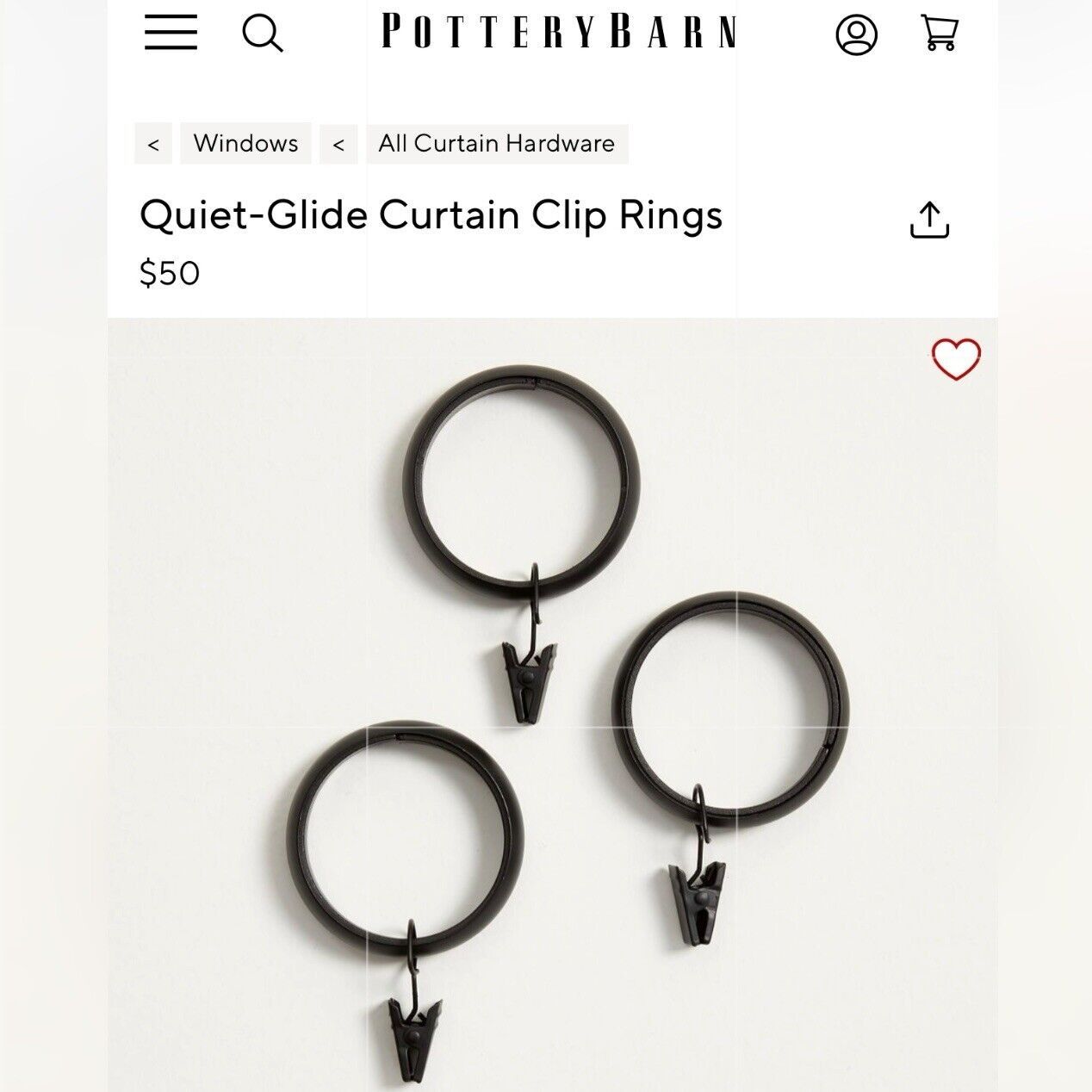 NEW Pottery Barn Quiet-Glide Black Large Curtain Clip Rings Large 2" Diam